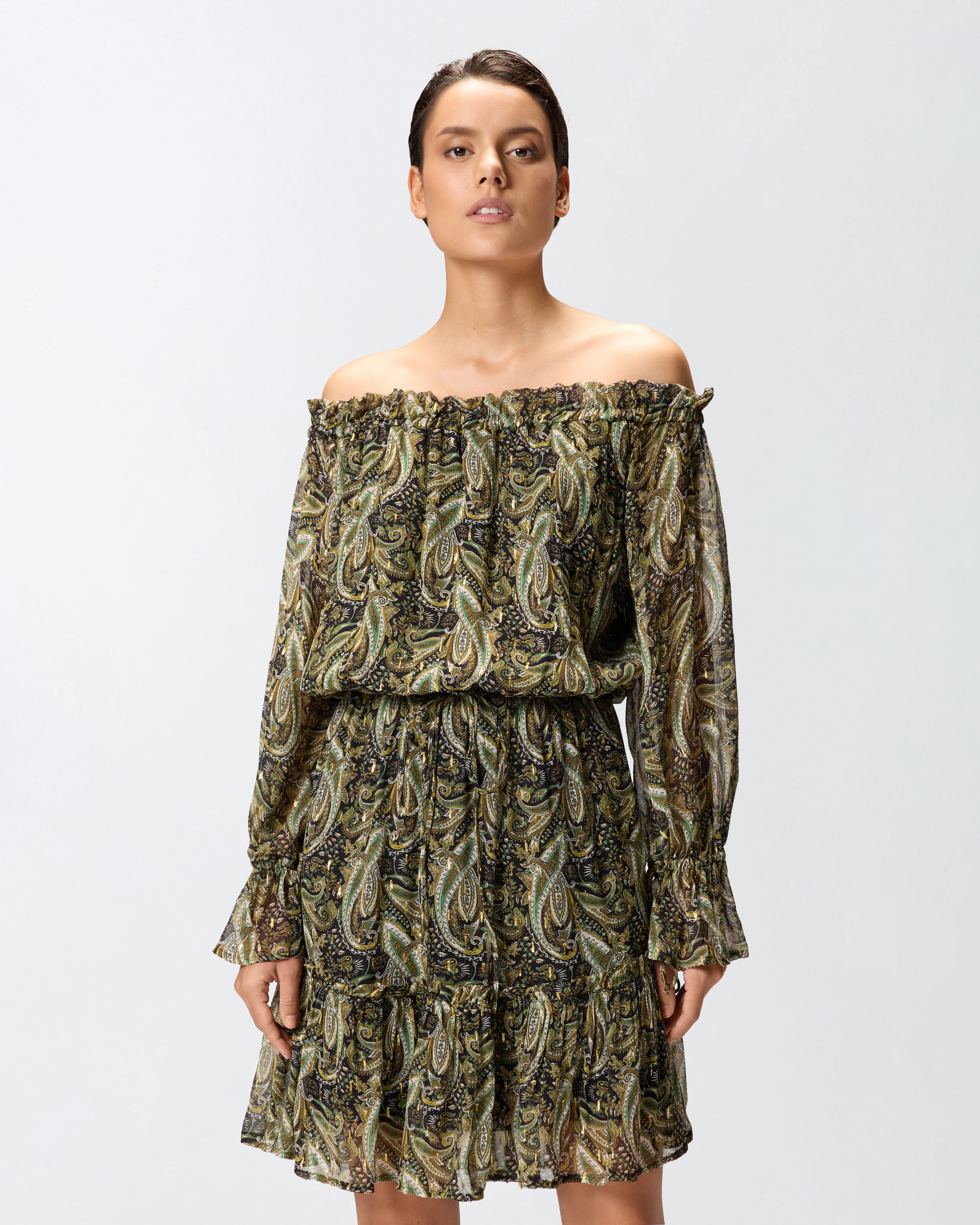 佩斯利印花露肩短款连衣裙 1