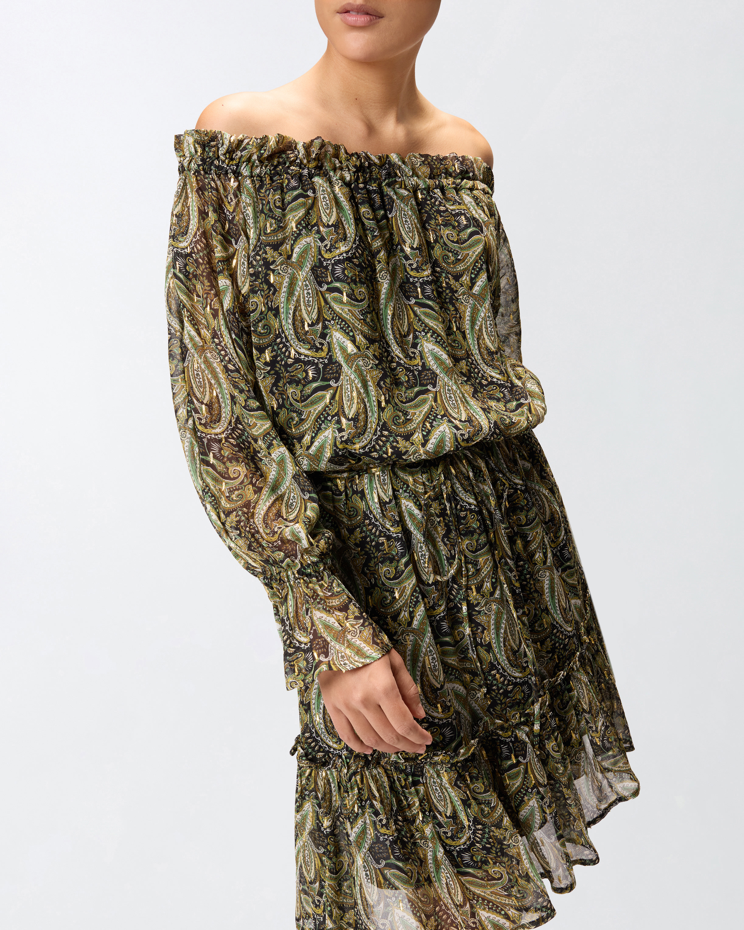 佩斯利印花露肩短款连衣裙 3