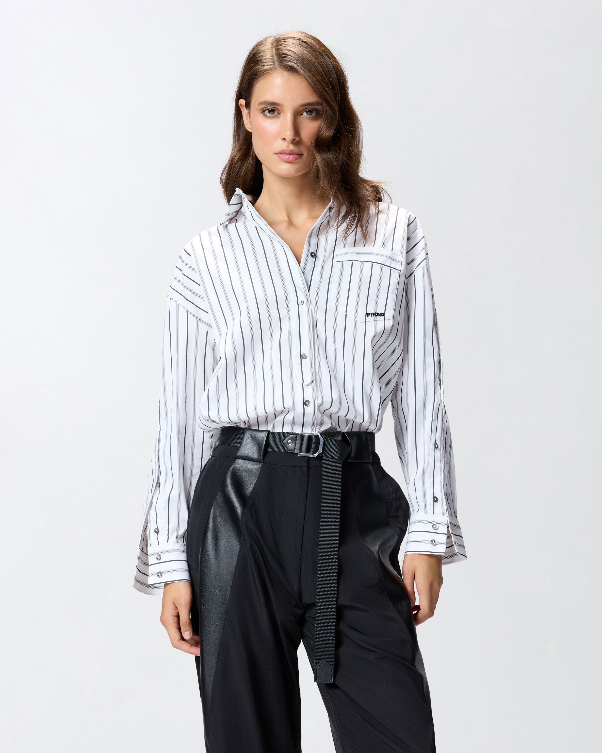 Pinko Striped Shirt With Contrasting Breast Pocket In White