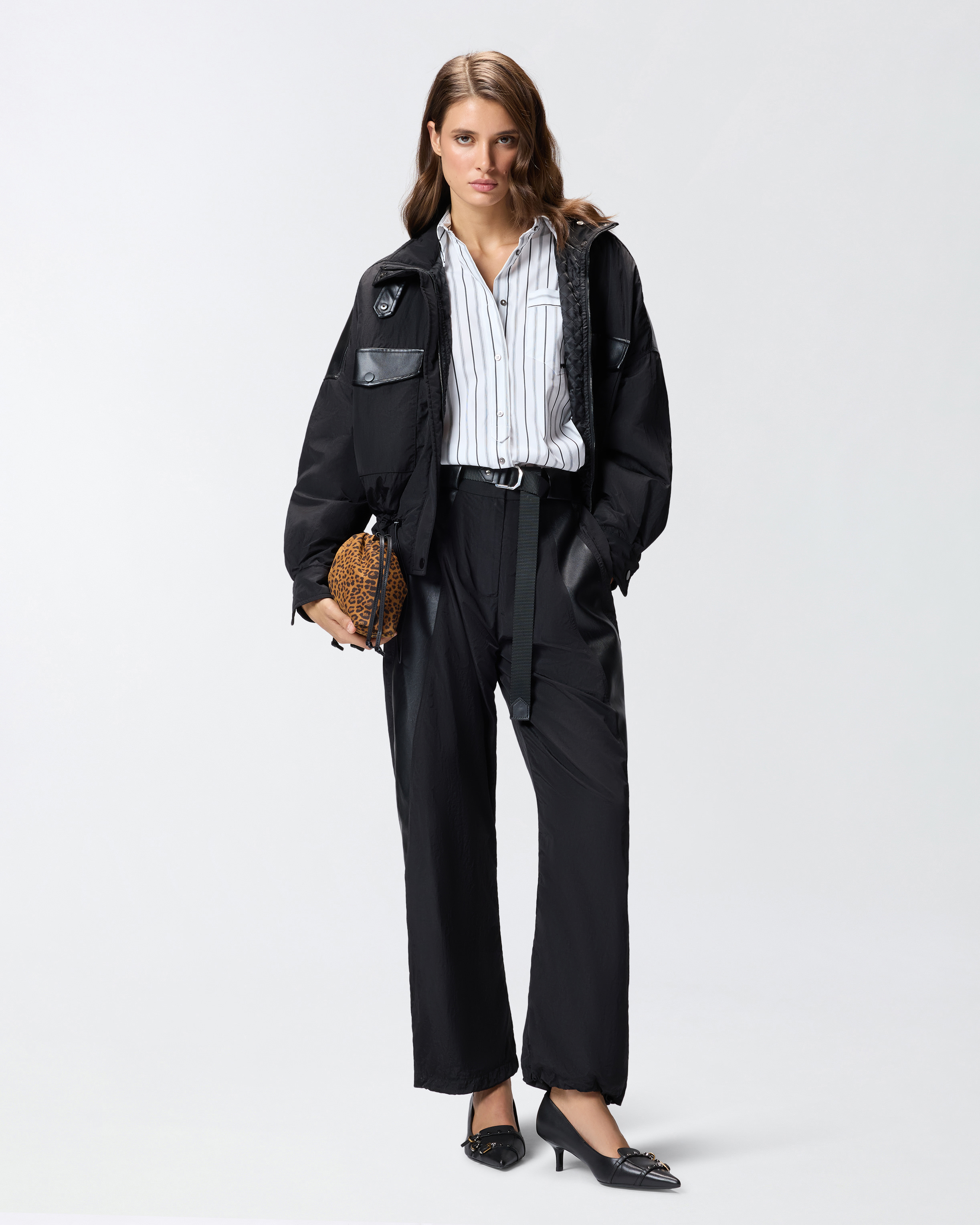 Pinko Black Trousers In Technical Canvas With Coated Fabric Details In Black