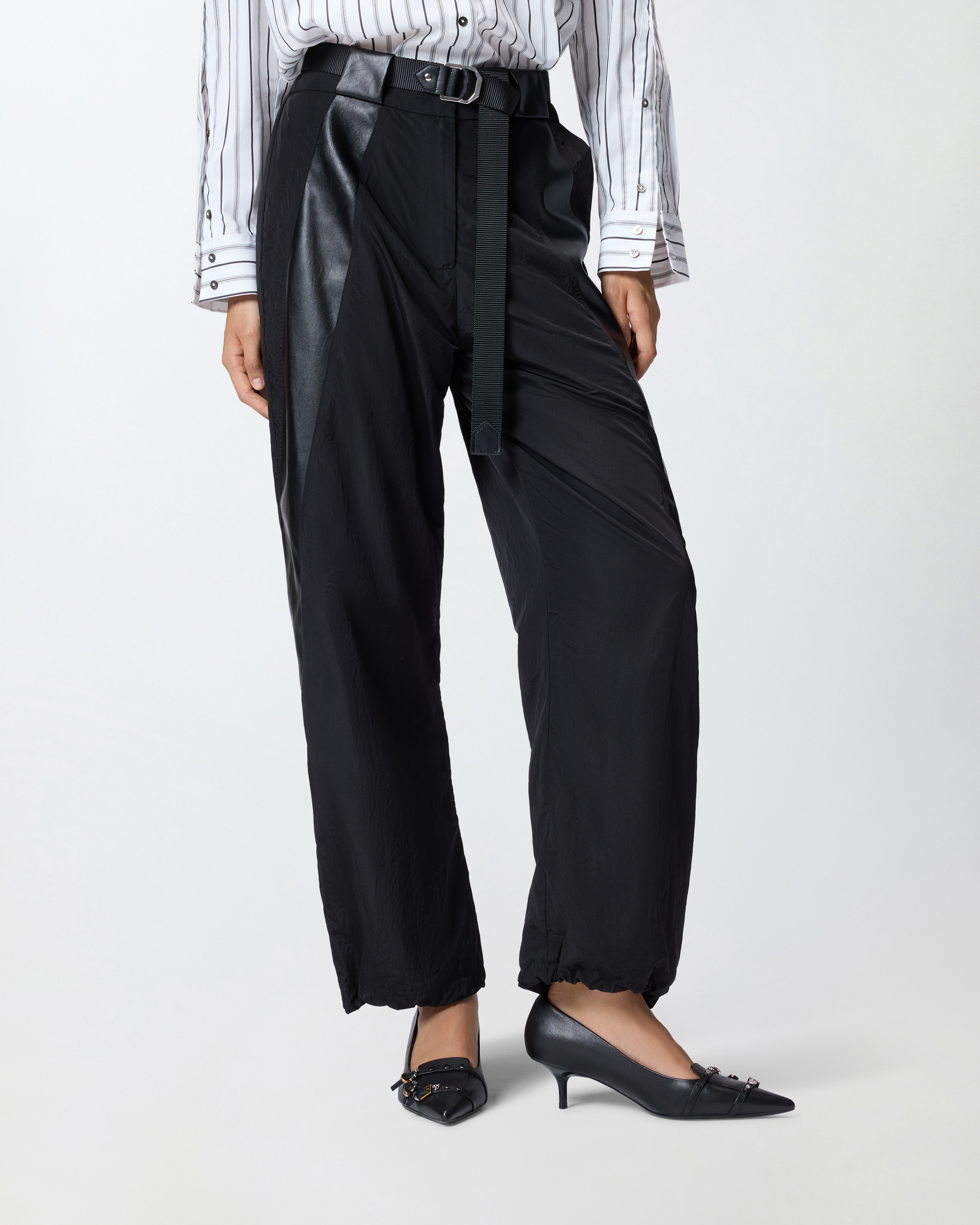 Pinko Black Trousers In Technical Canvas With Coated Fabric Details In Black
