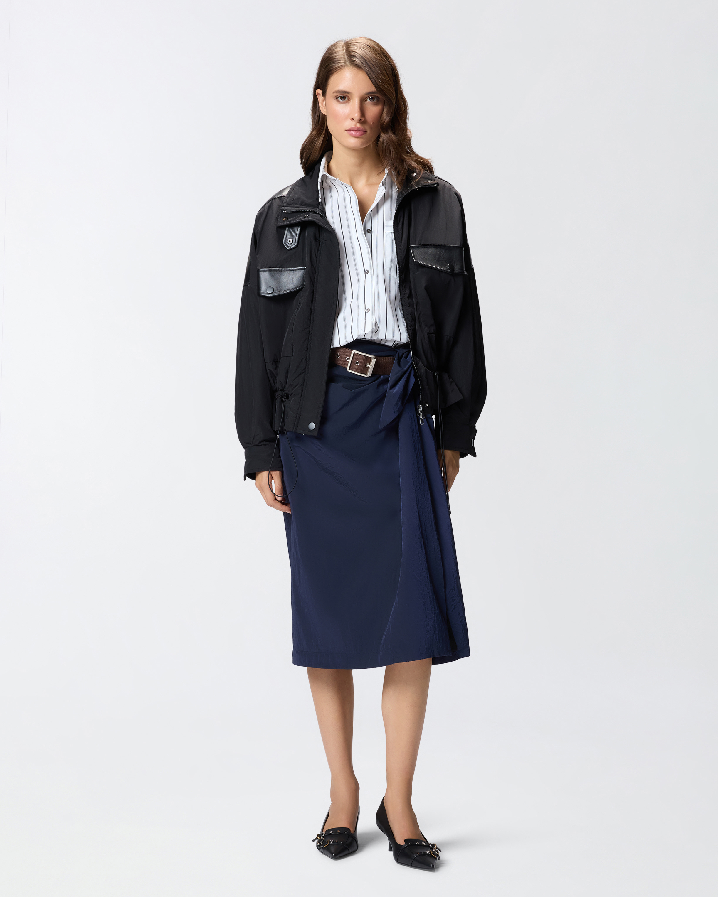 Short asymmetrical skirt in technical fabric with belt 0