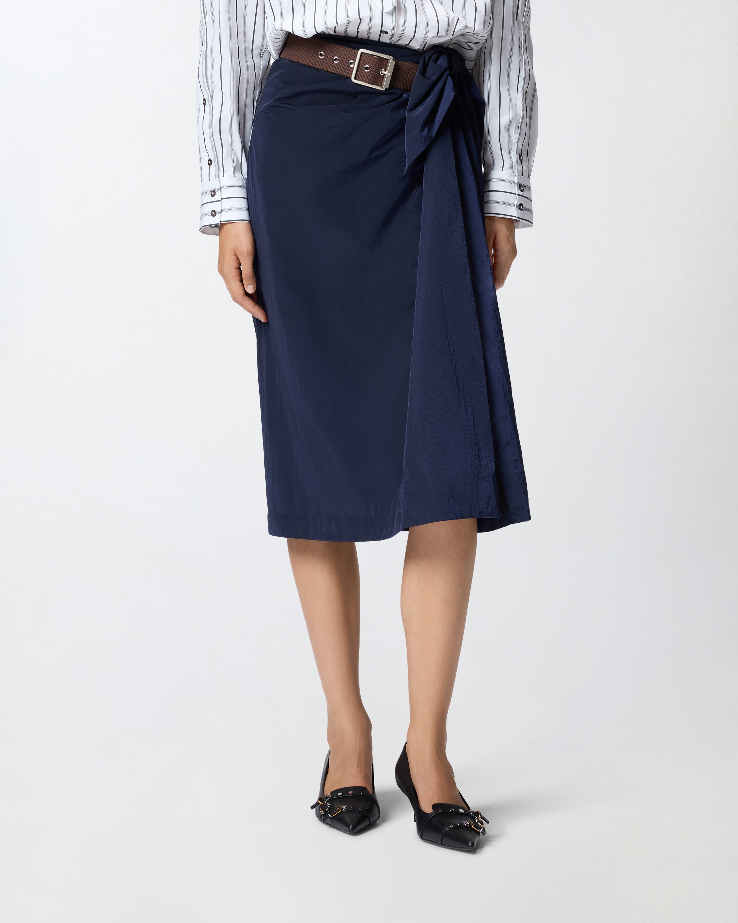 Short asymmetrical skirt in technical fabric with belt 1