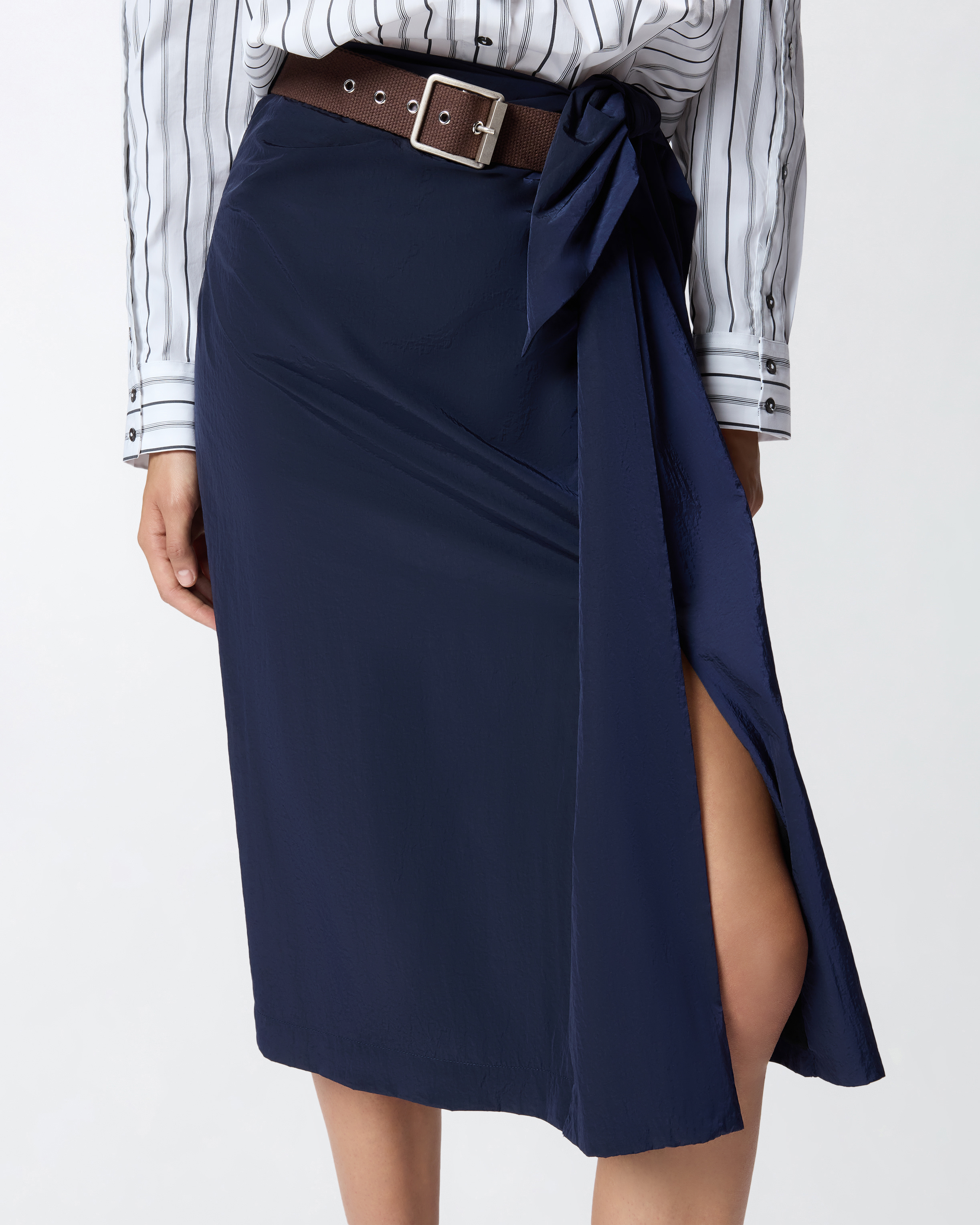 Short asymmetrical skirt in technical fabric with belt 3