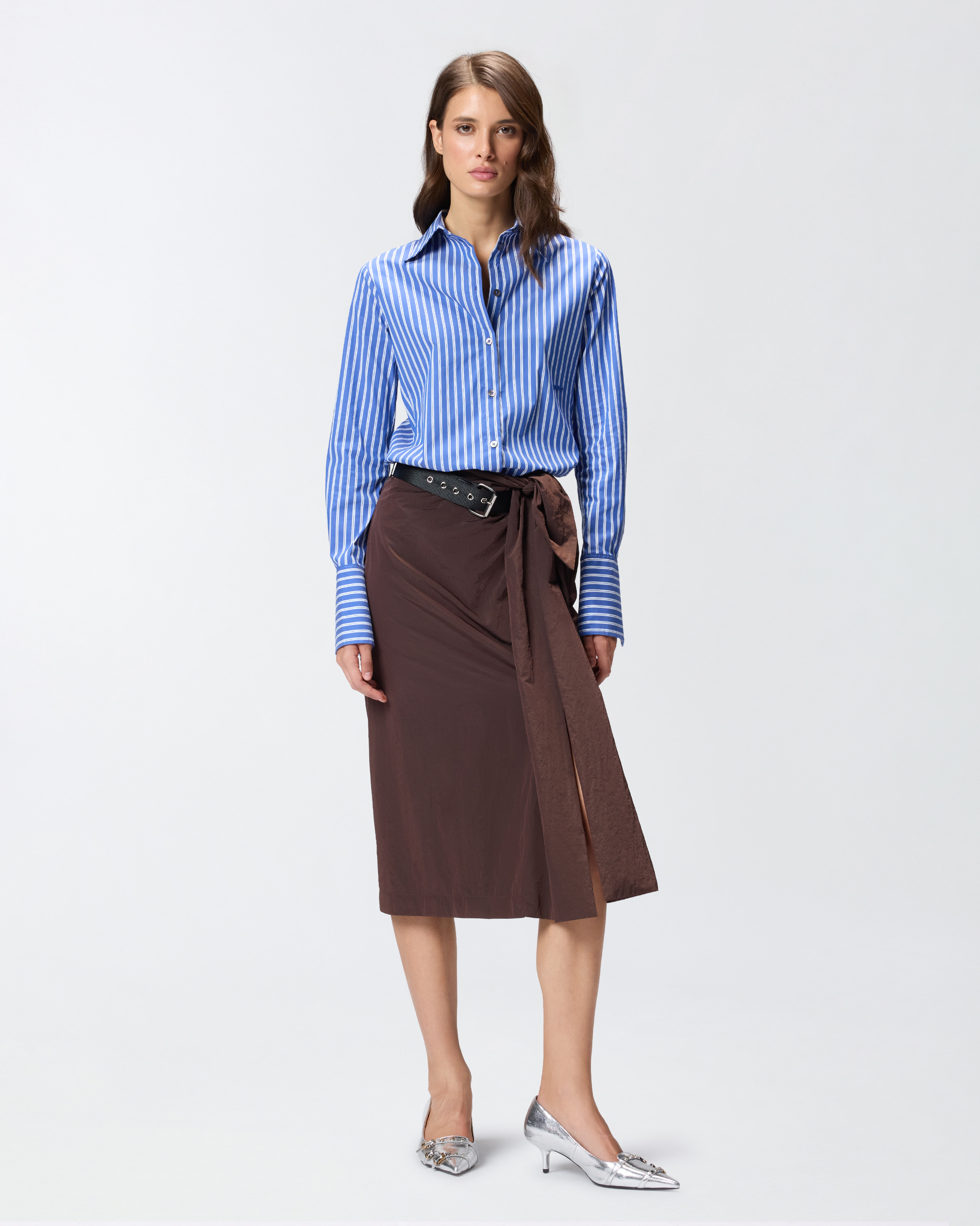 Pinko Short Asymmetrical Skirt In Technical Fabric With Belt In Brown