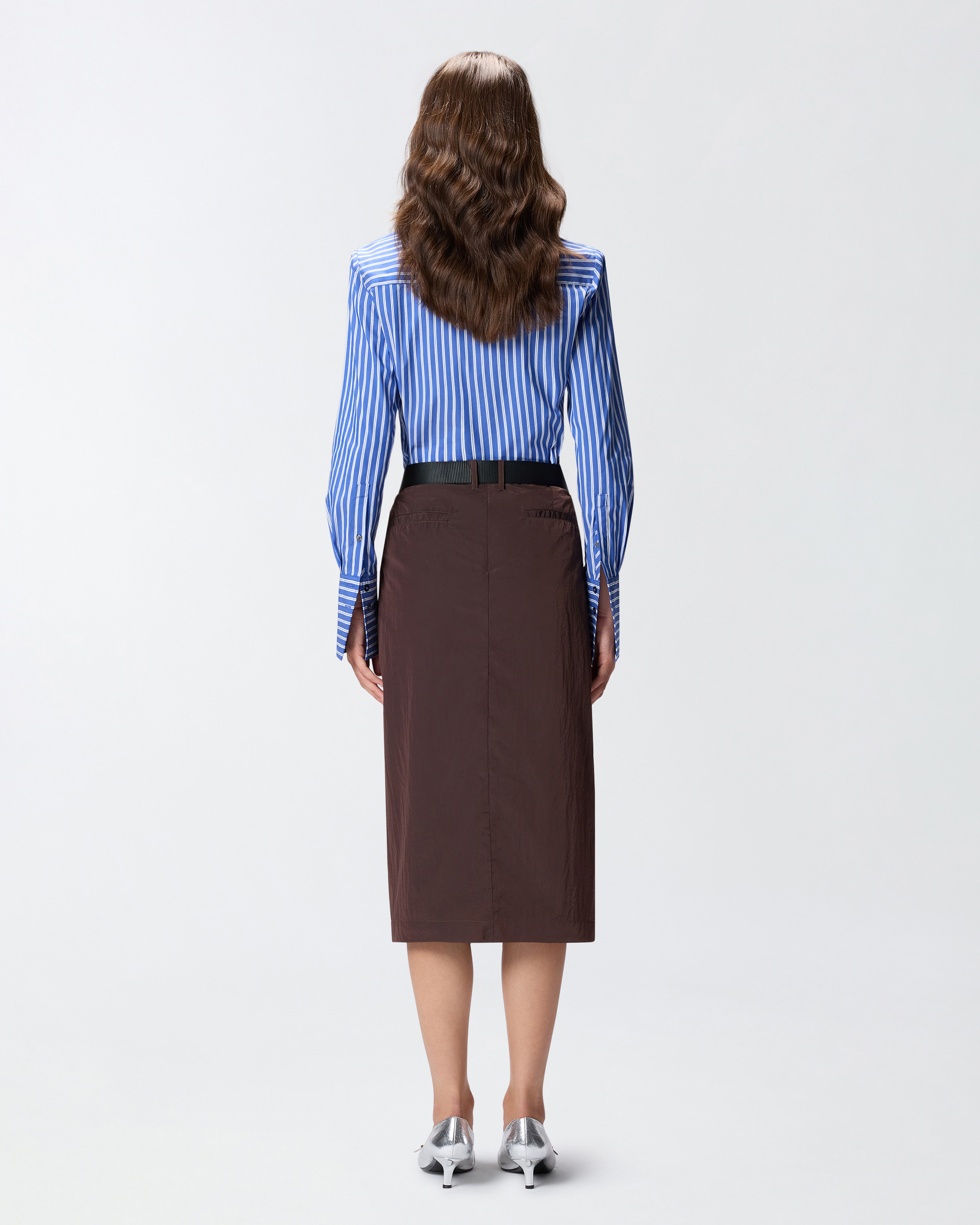 Pinko Short Asymmetrical Skirt In Technical Fabric With Belt In Brown