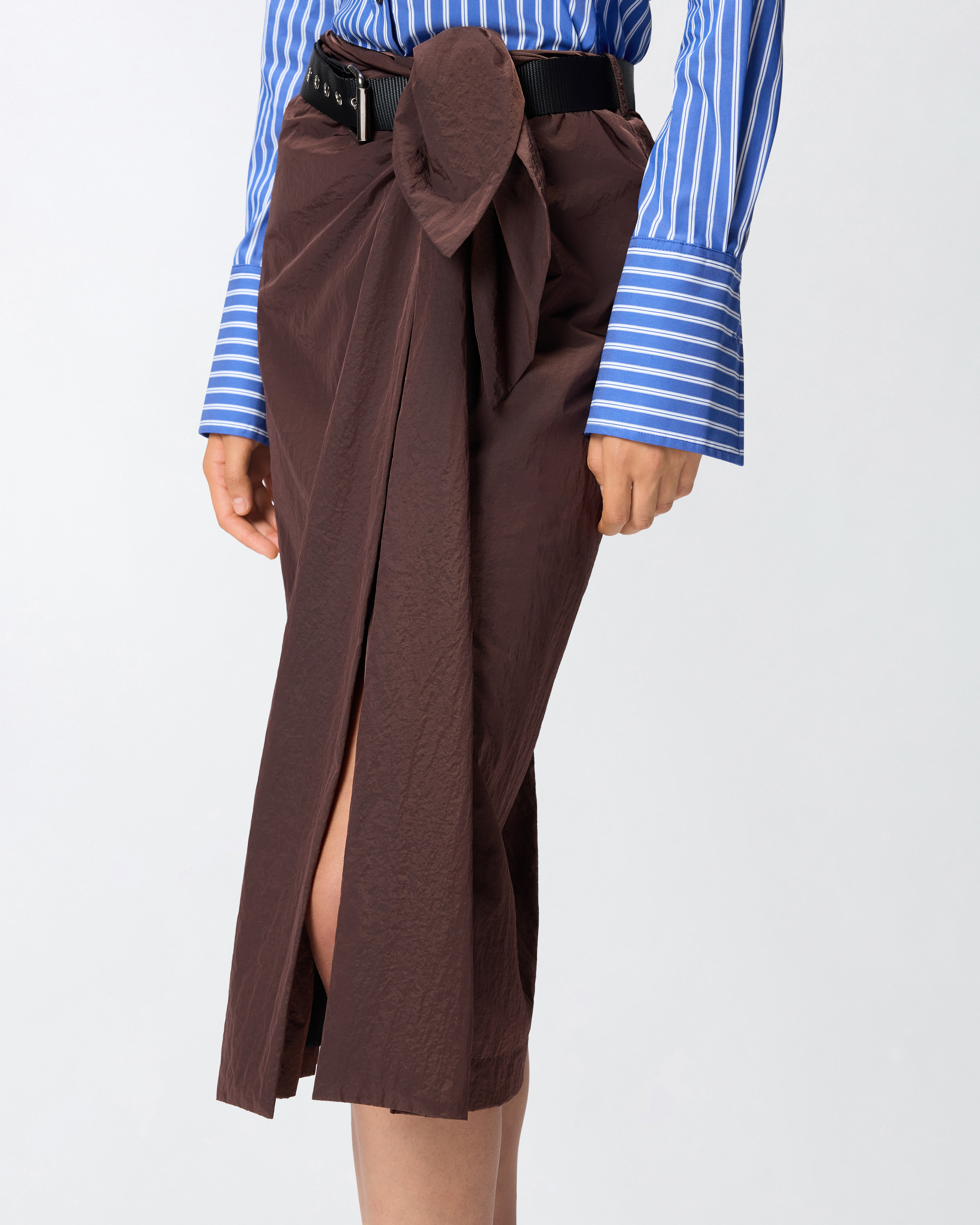 Pinko Short Asymmetrical Skirt In Technical Fabric With Belt In Brown