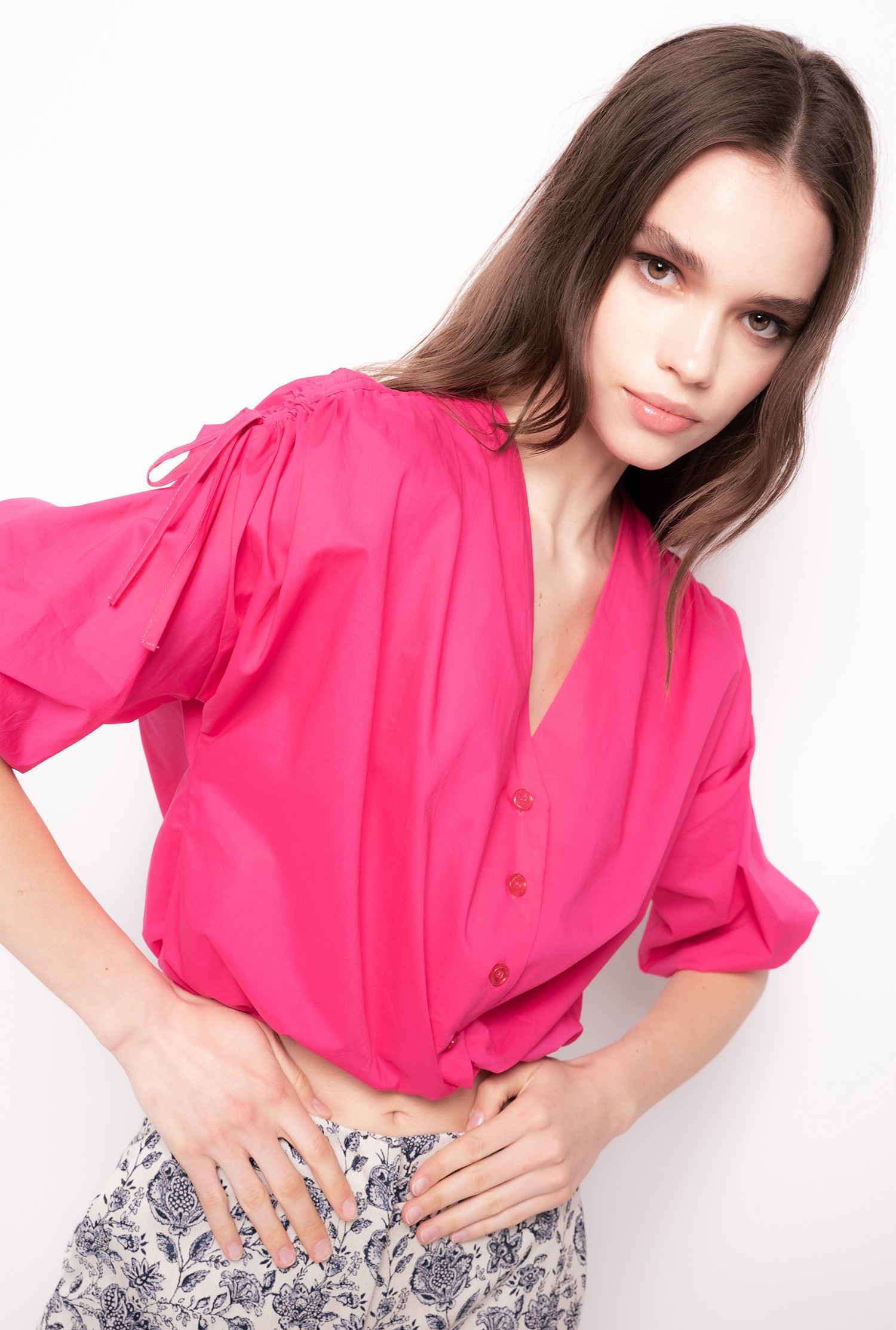 府绸短款衬衫 - 洋红色, 粉色 - large | pinko