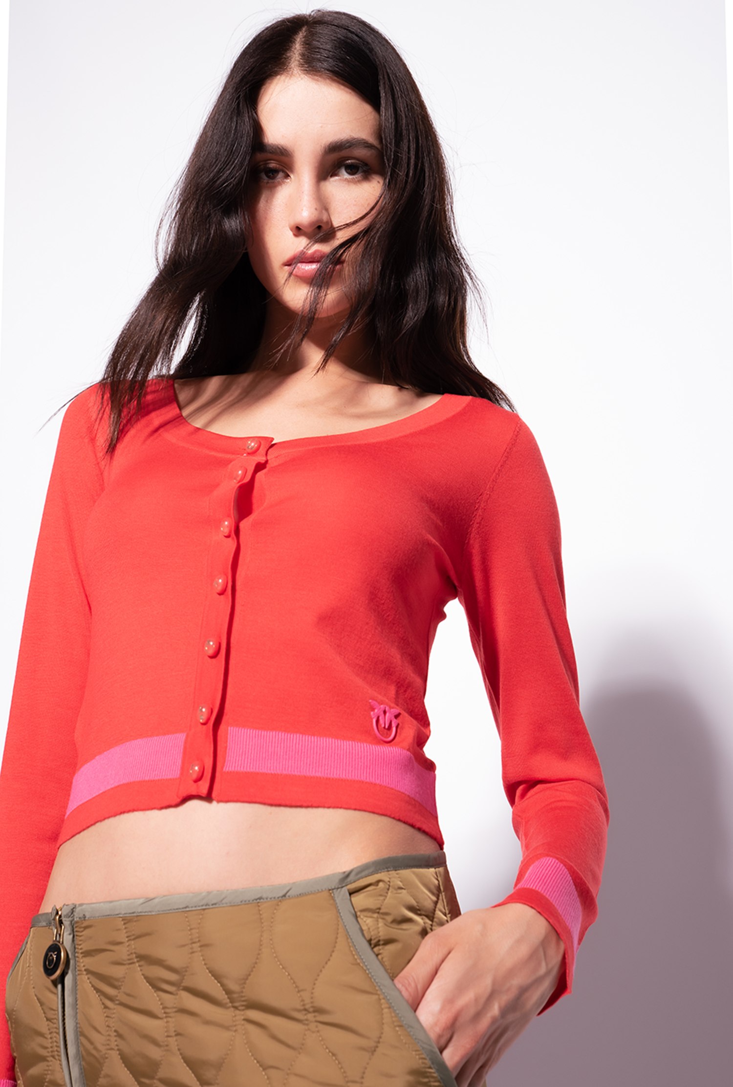 Cropped colour-block cardigan - Red - large | Pinko 