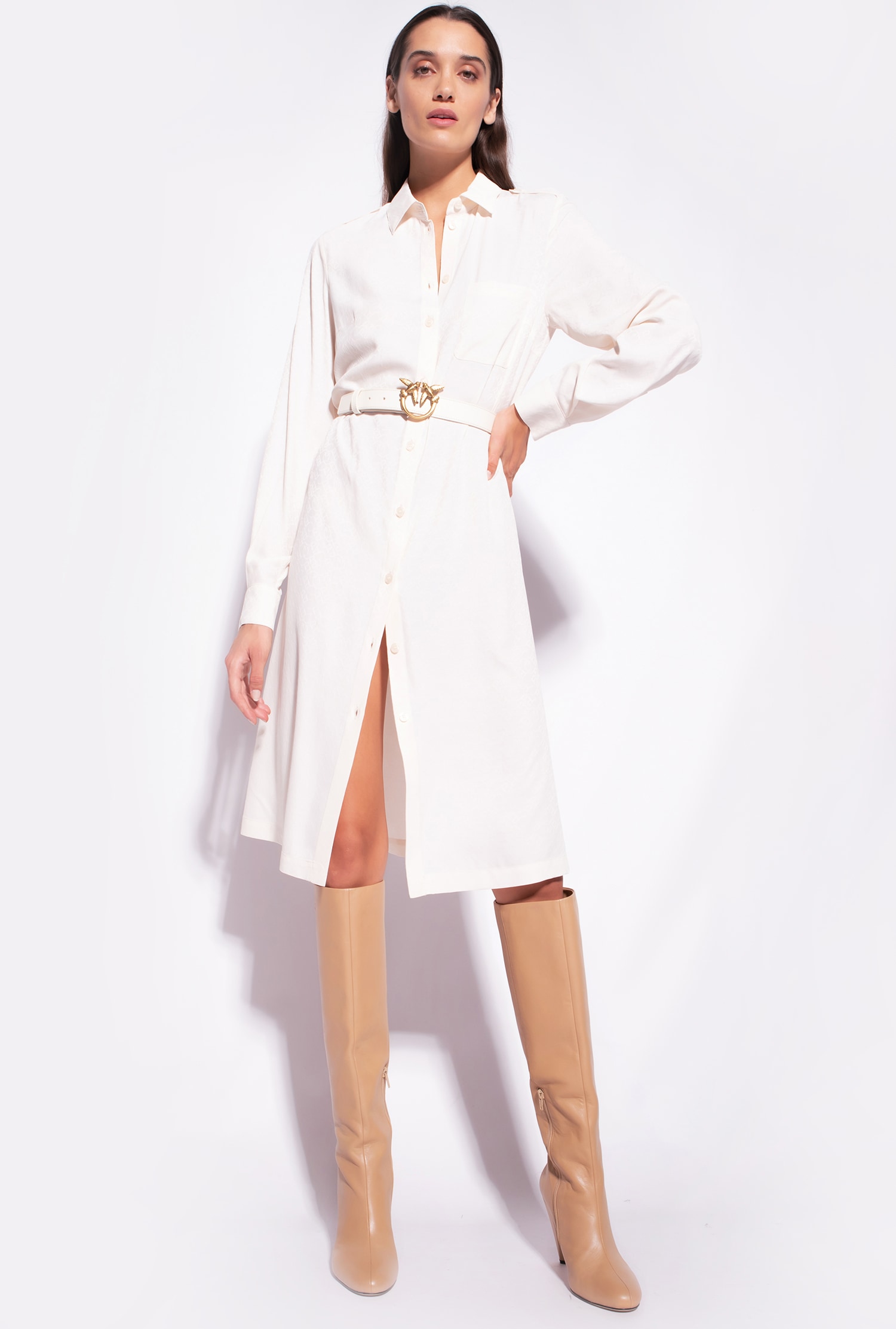 White shirt dress with tan knee high boots