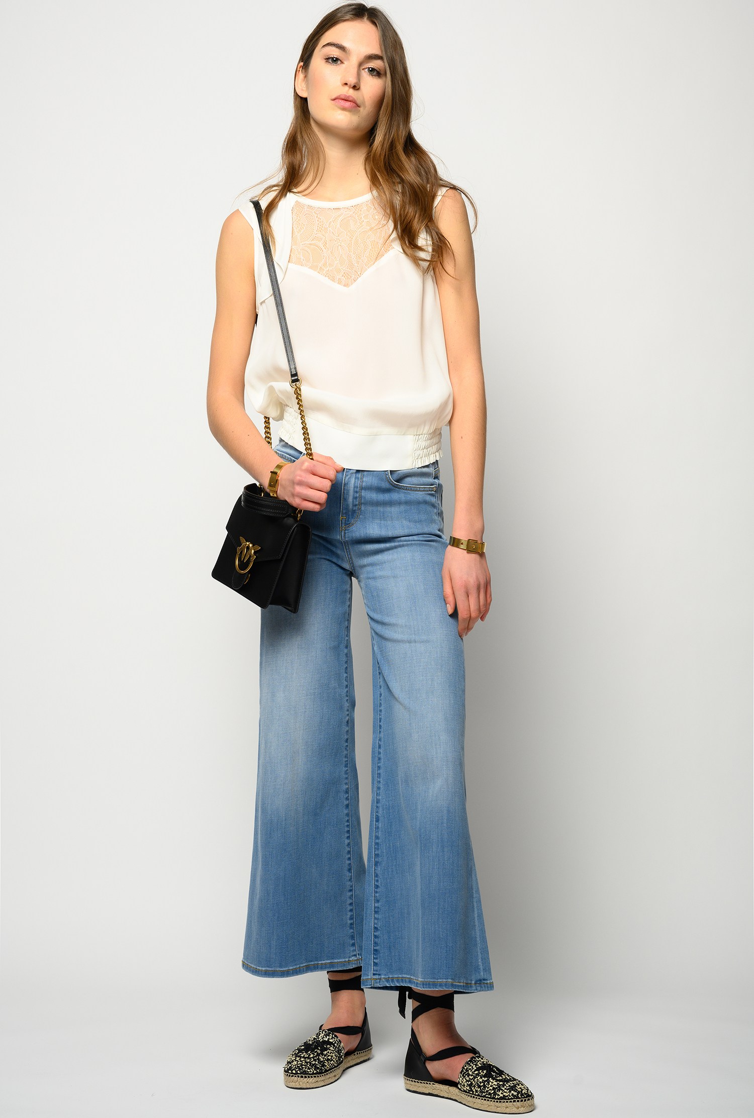 Укороченные джинсы палаццо из денима стрейч