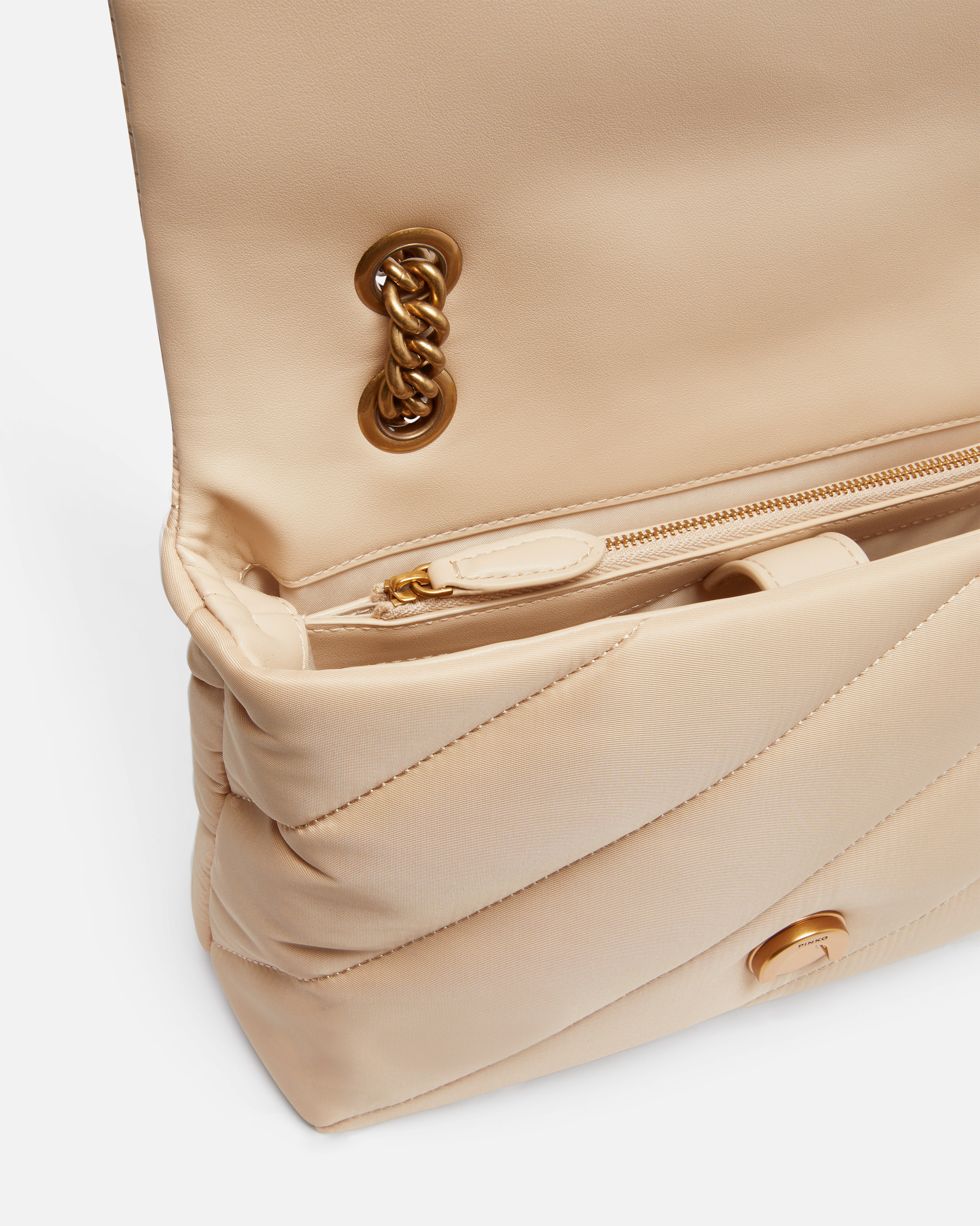 Pinko Love Bag Crossbody Bag In Quilted Recycled Fabric In Beige-smoke Grey-antique Gold