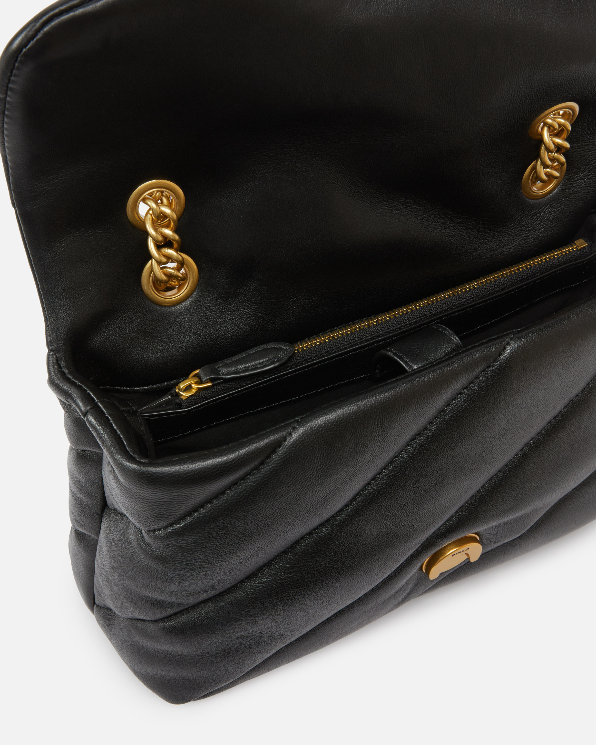 Pinko Love Baby Puff Leather Crossbody Bag In Noir-vieil Or