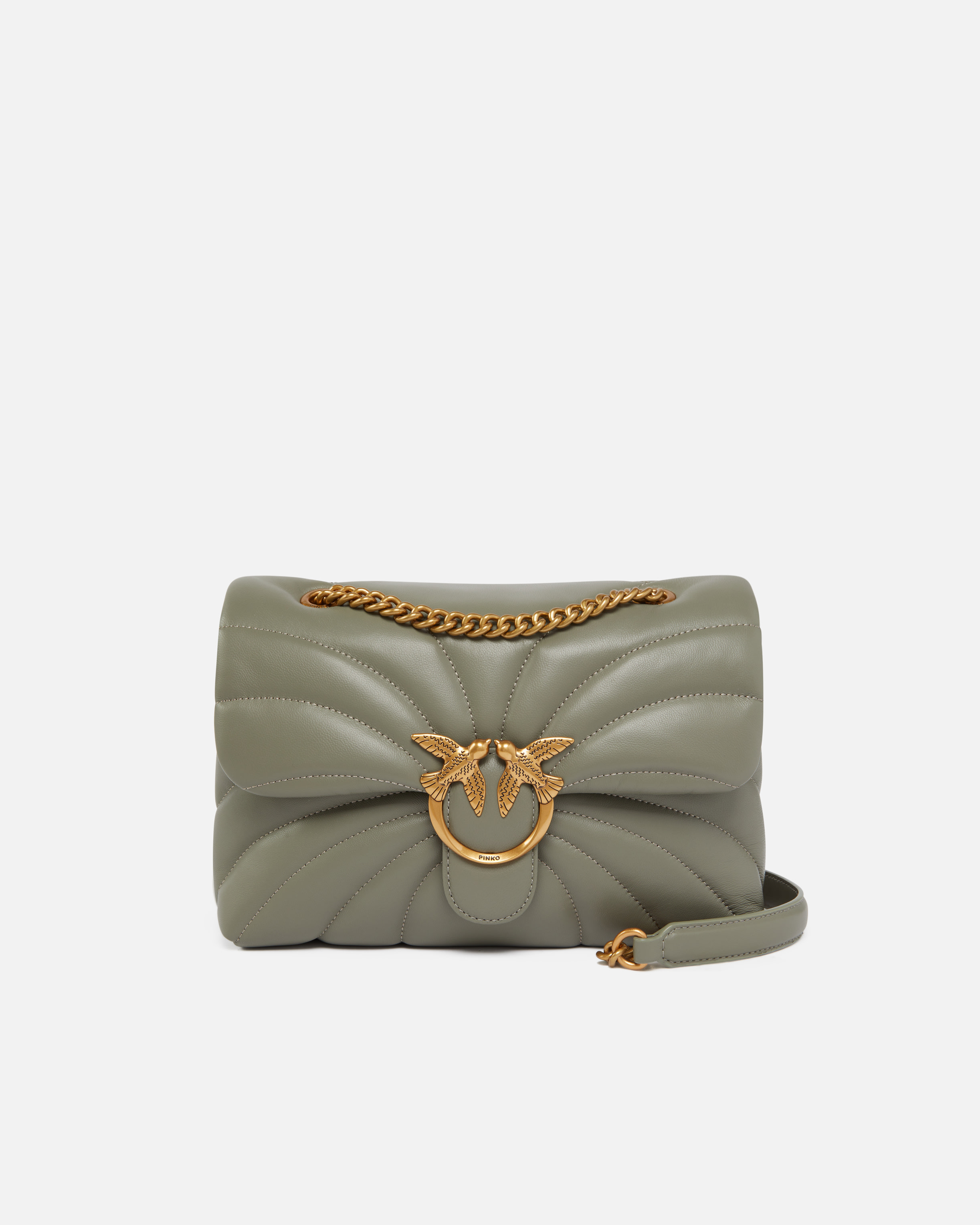 Pinko Love Bag Puff Large Butterfly Quilt Crossbody Bag In Vertiver Green-antique Gold
