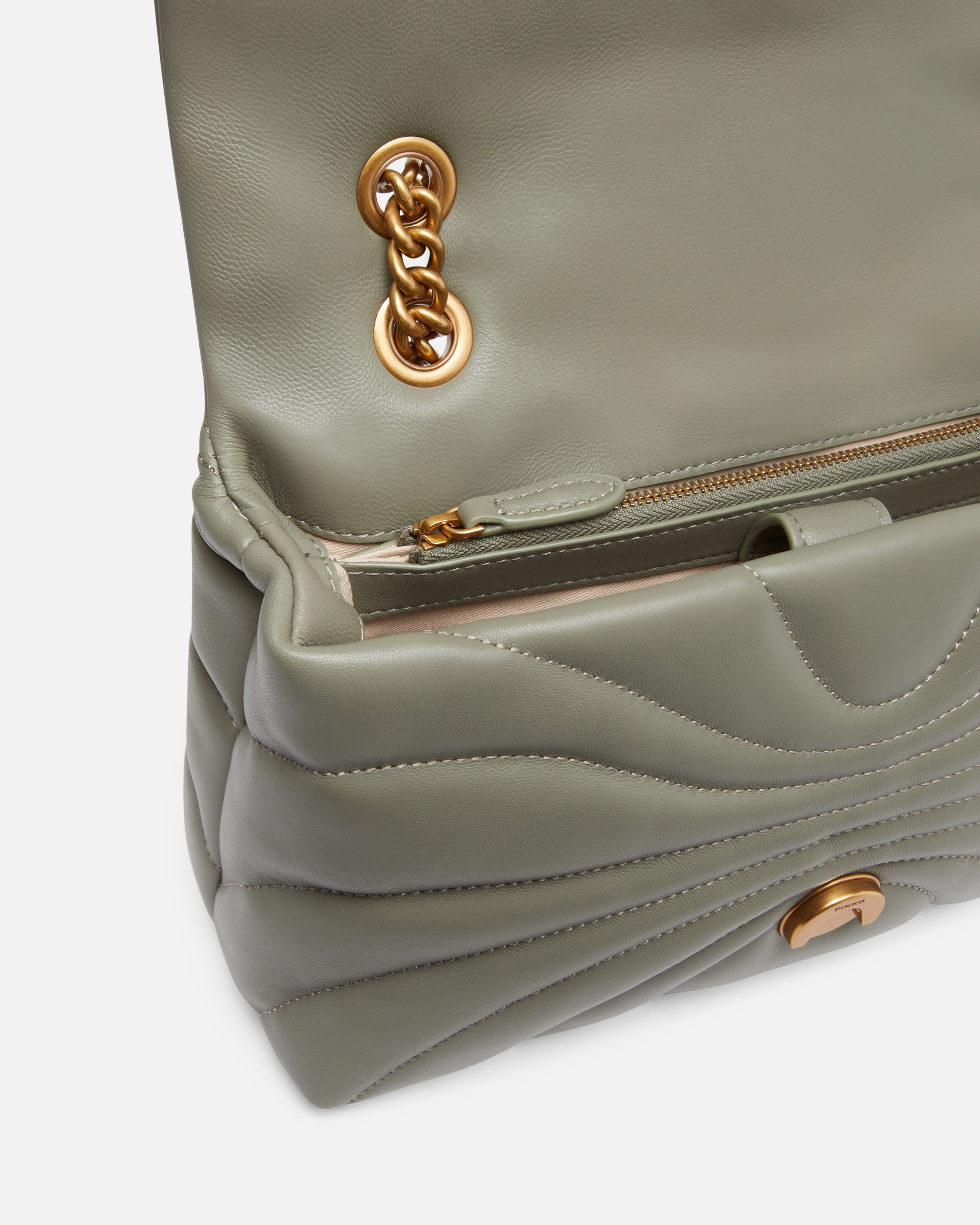 Pinko Love Bag Puff Large Butterfly Quilt Crossbody Bag In Vertiver Green-antique Gold