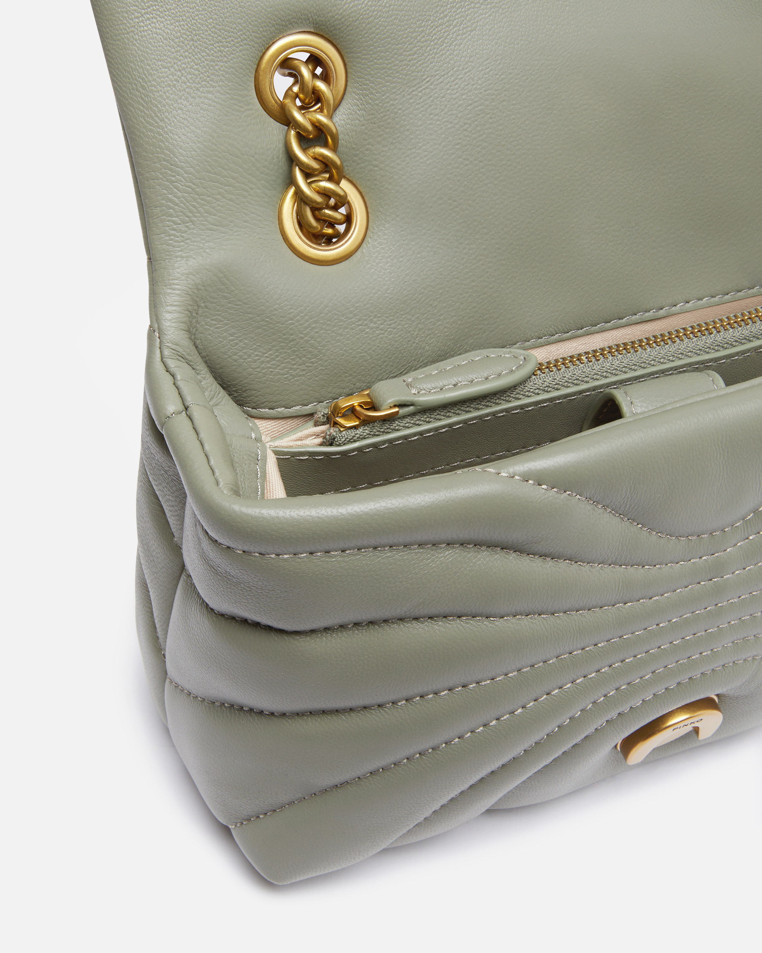 Pinko Love Bag Puff Butterfly Mini Nappa Leather Crossbody Bag In Vertiver Green-antique Gold