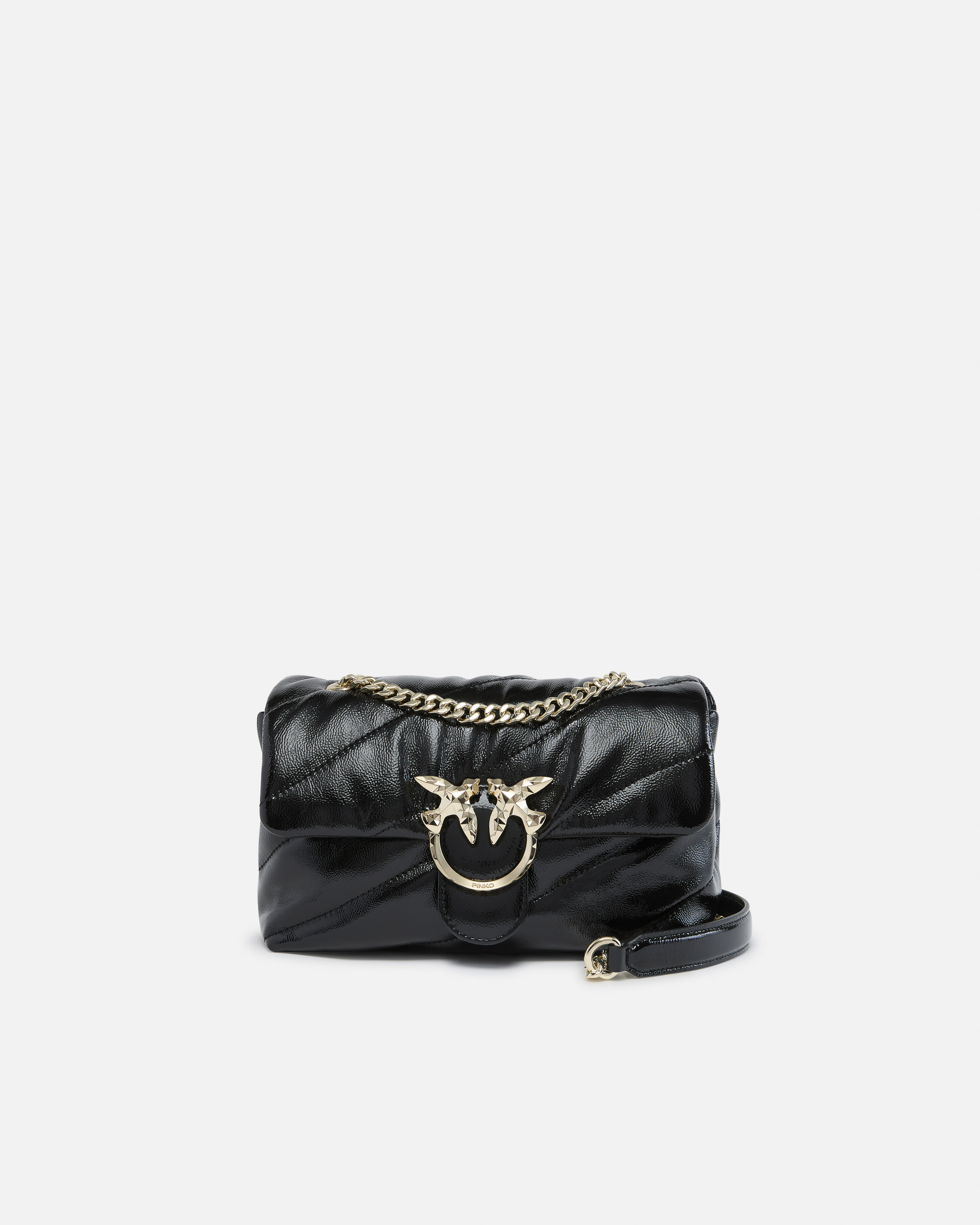Pinko Galleria Love Bag Puff Crossbody Bag In Quilted Patent Leather In Black-light Gold