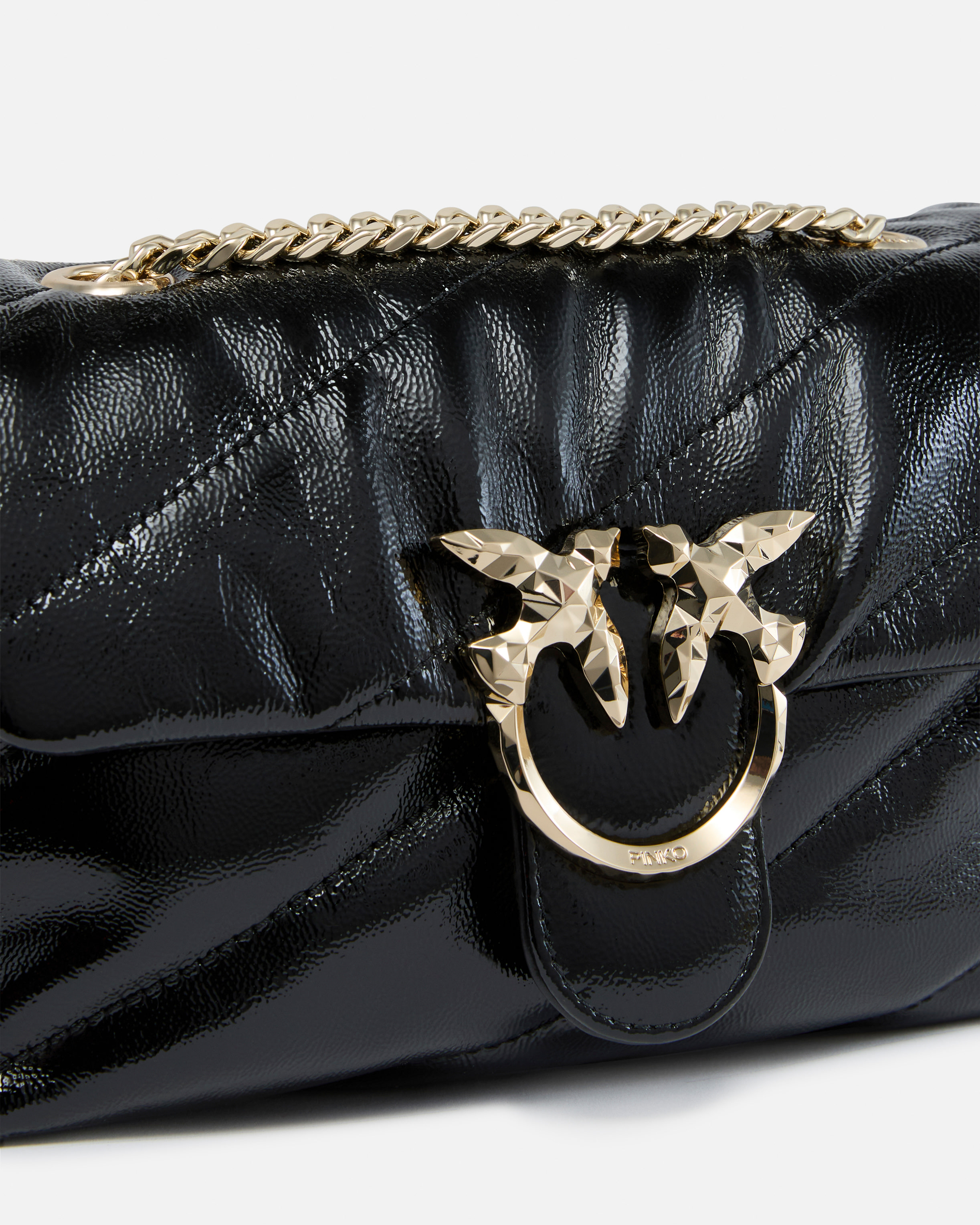 Pinko Galleria Love Bag Puff Crossbody Bag In Quilted Patent Leather In Black-light Gold