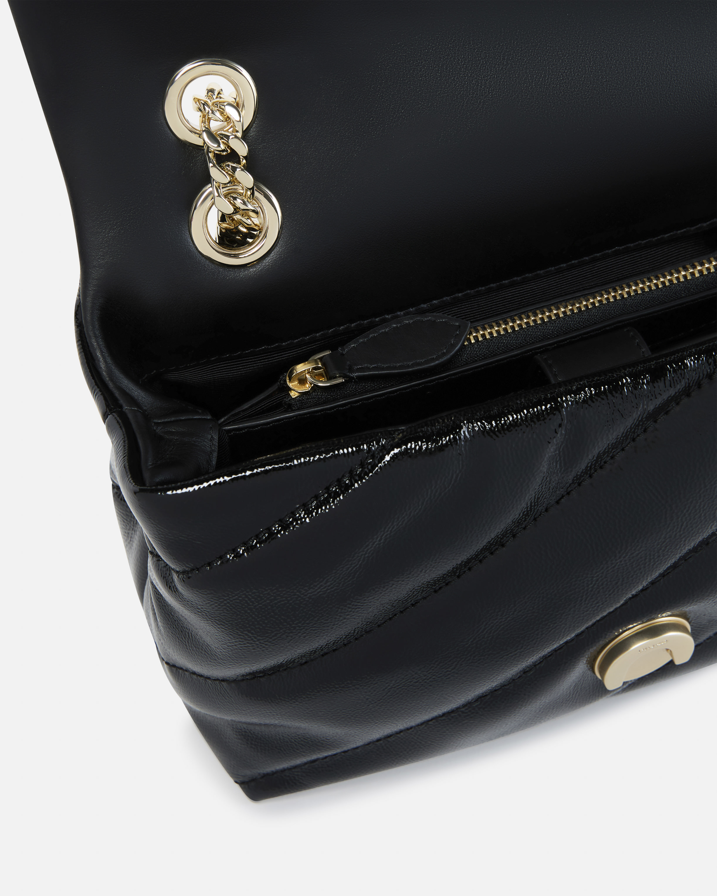 Pinko Galleria Love Bag Puff Crossbody Bag In Quilted Patent Leather In Black-light Gold