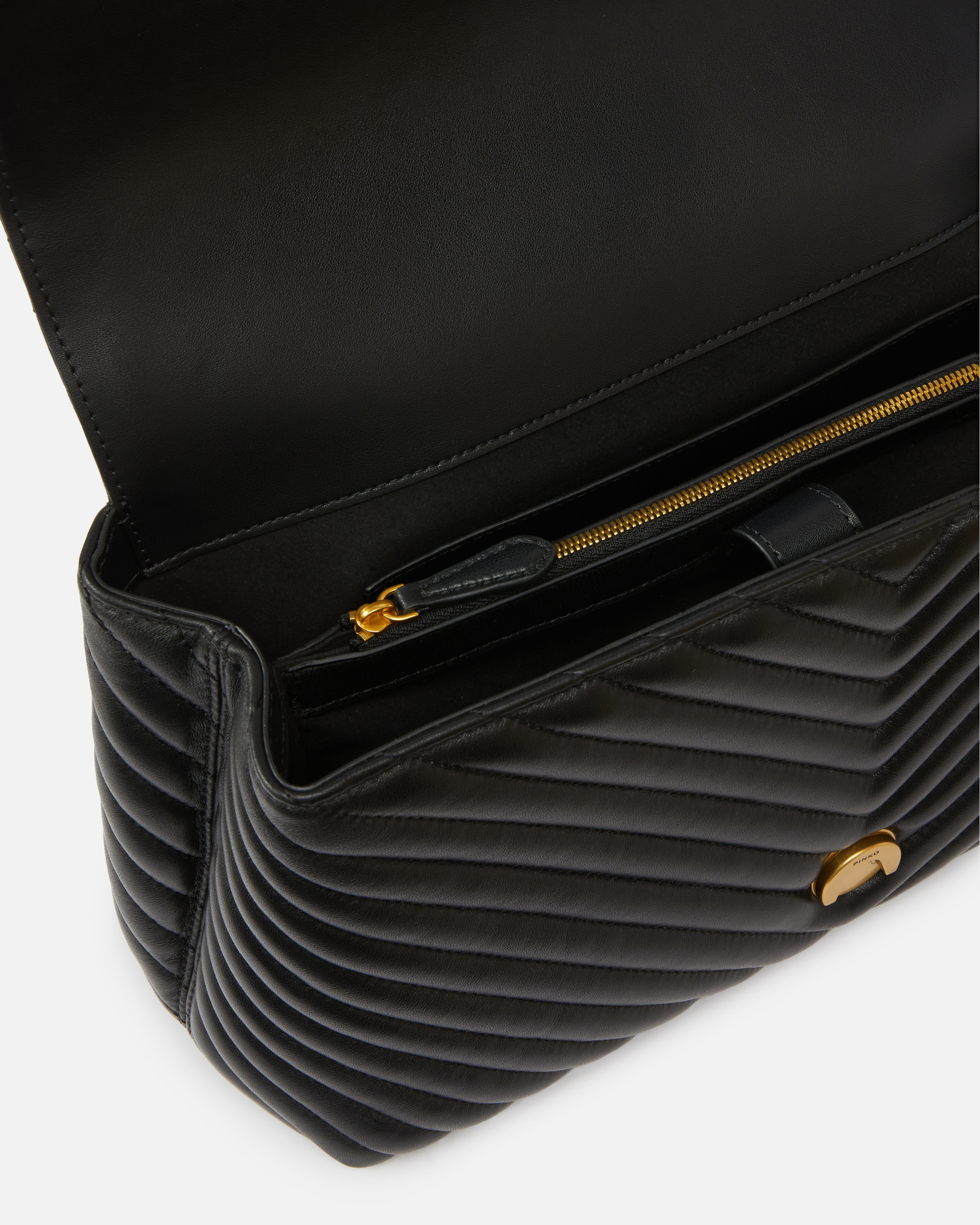 Pinko Big Lady Love Bag Puff Chevron In Black-antique Gold