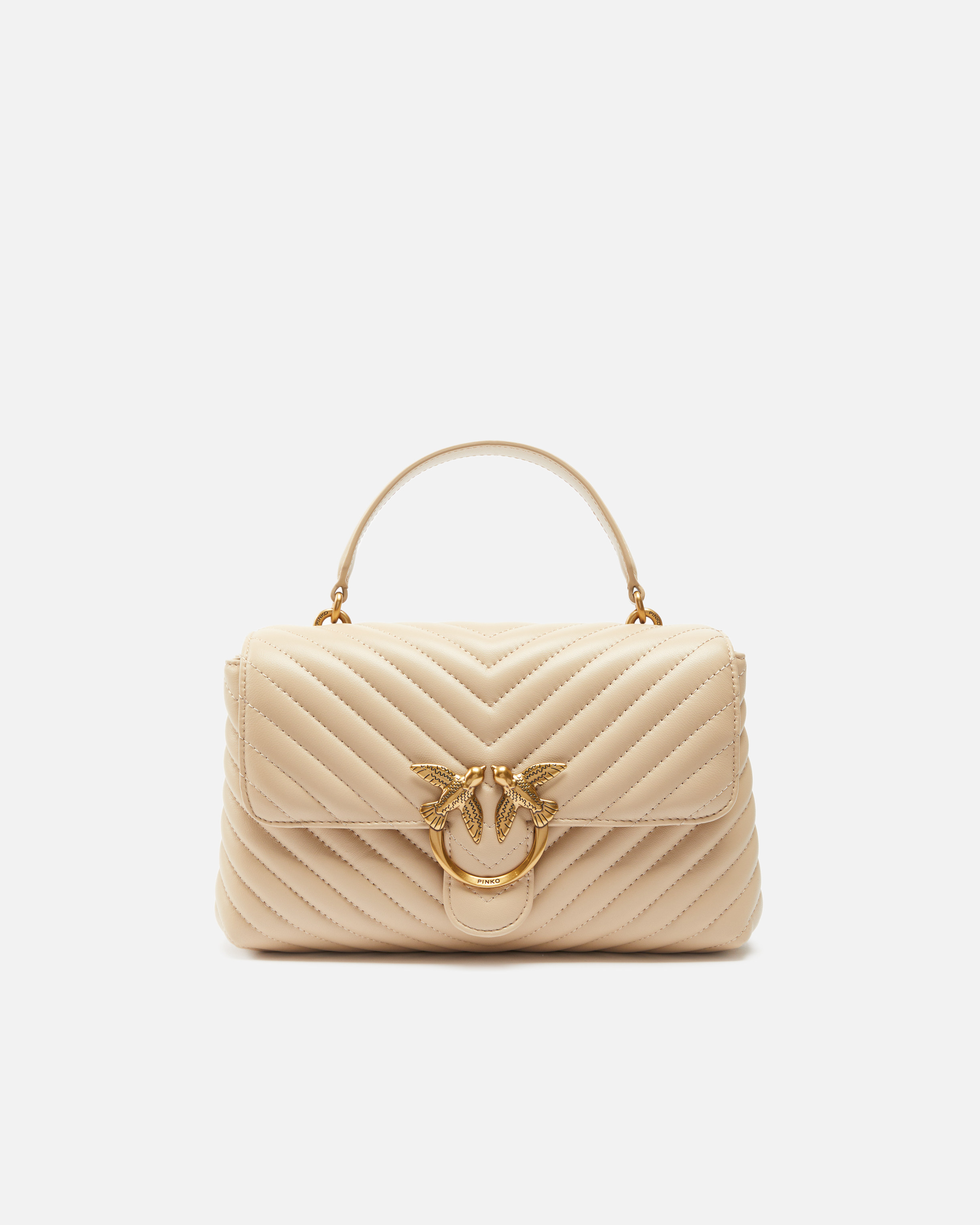 Pinko Classic Lady Love Bag Puff Chevron In Beige-gris Fumée-or Antique