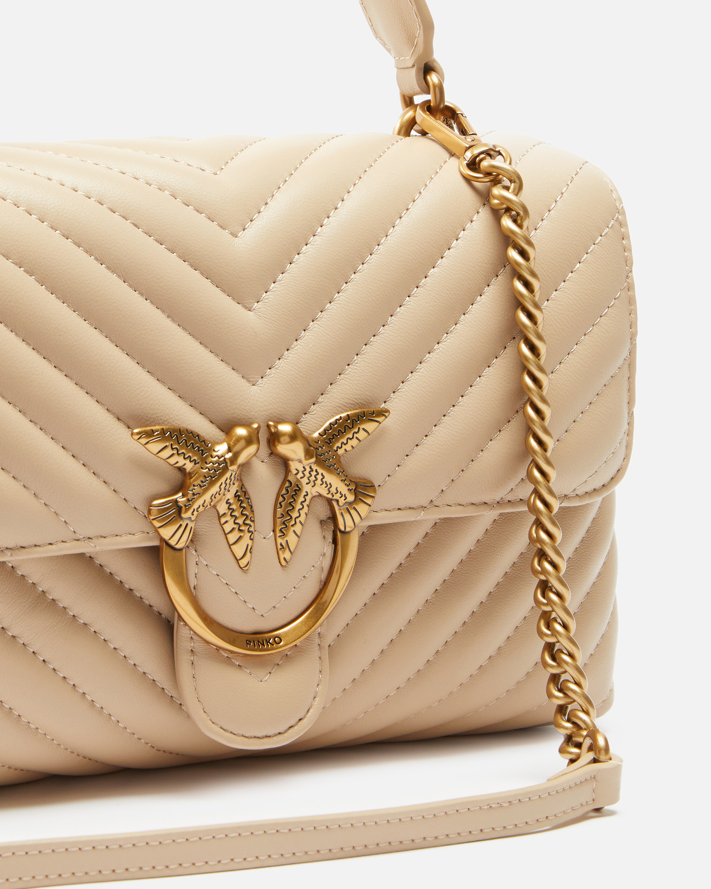 Pinko Classic Lady Love Bag Puff Chevron In Beige-gris Fumée-or Antique