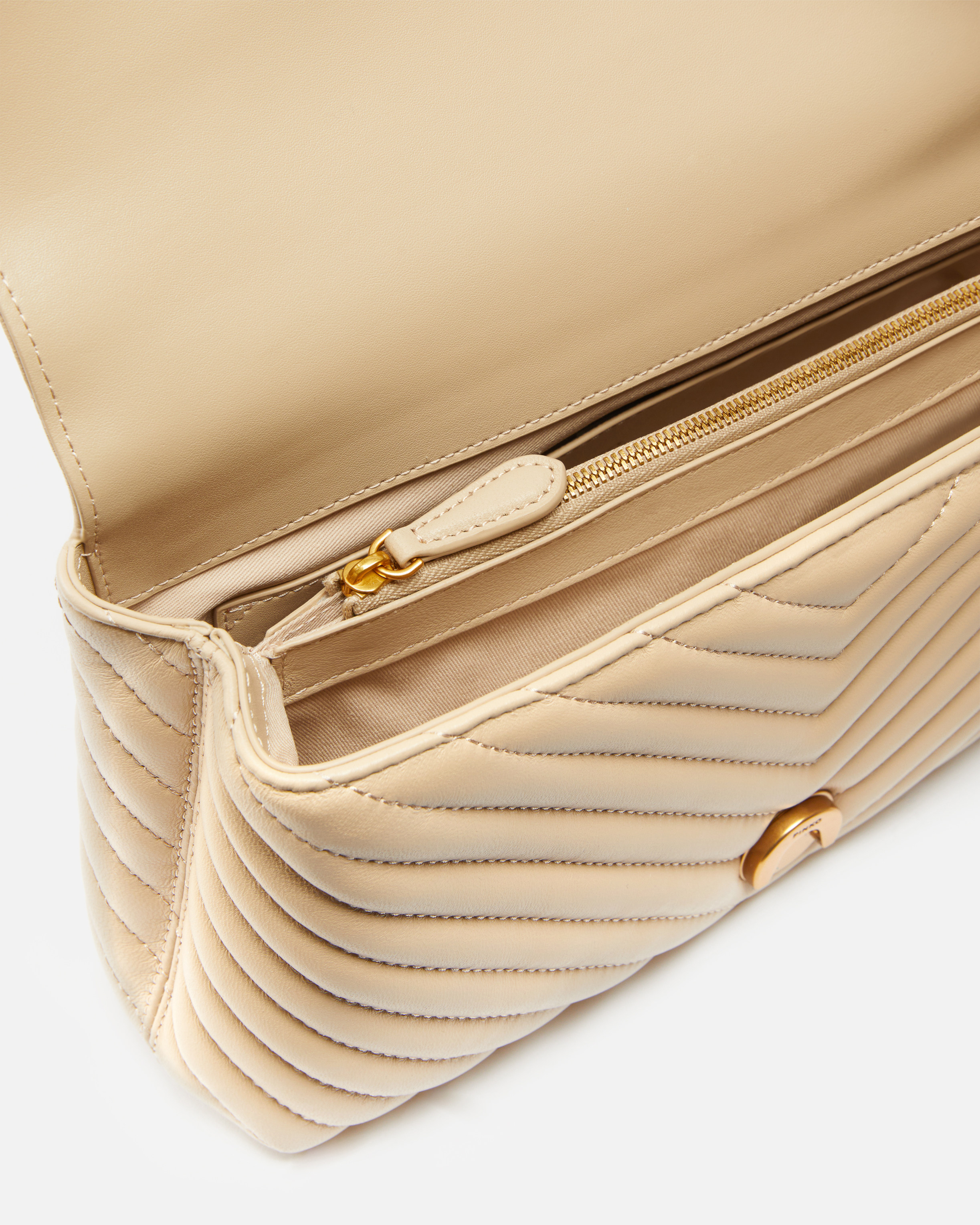 Pinko Classic Lady Love Bag Puff Chevron In Beige-gris Fumée-or Antique