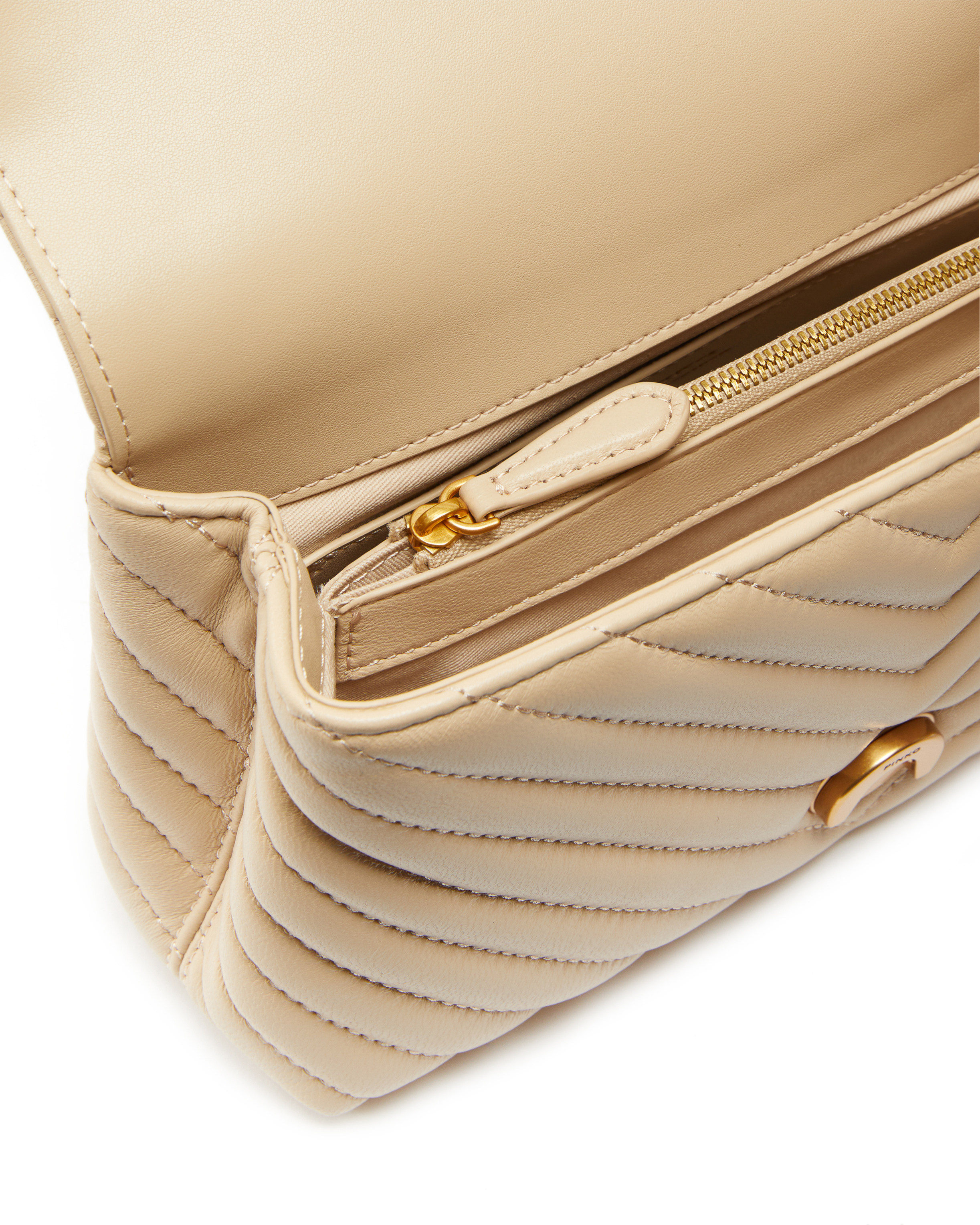 Pinko Mini Lady Love Bag Puff Chevron In Beige-smoke Grey-antique Gold
