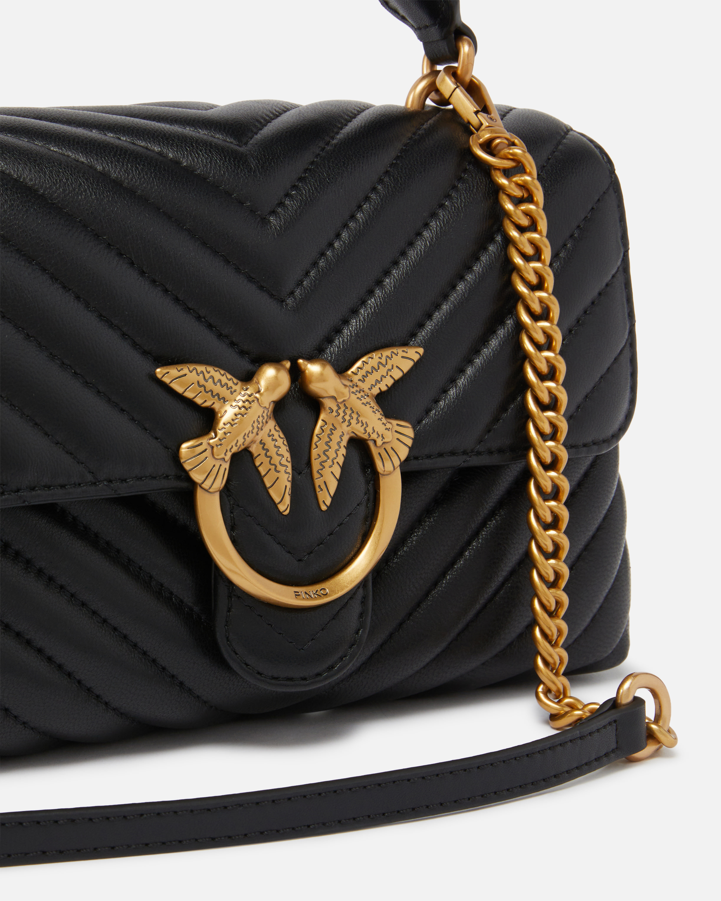 Pinko Foldover Quilted Shoulder Bag With Chain Strap In Black-antique Gold