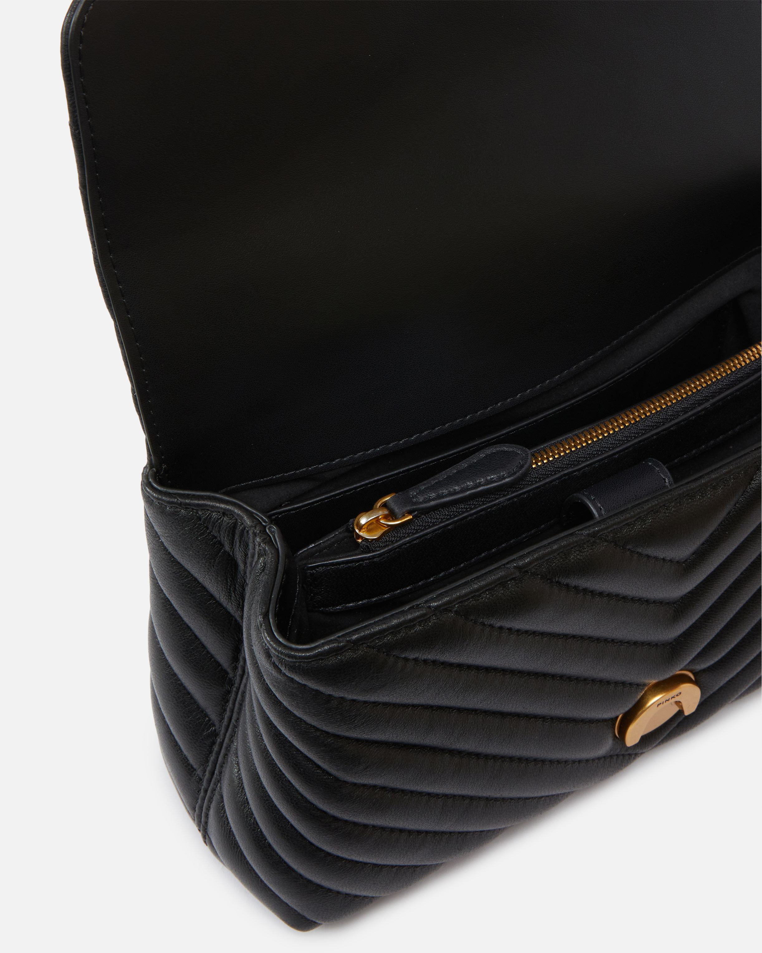 Pinko Foldover Quilted Shoulder Bag With Chain Strap In Black-antique Gold