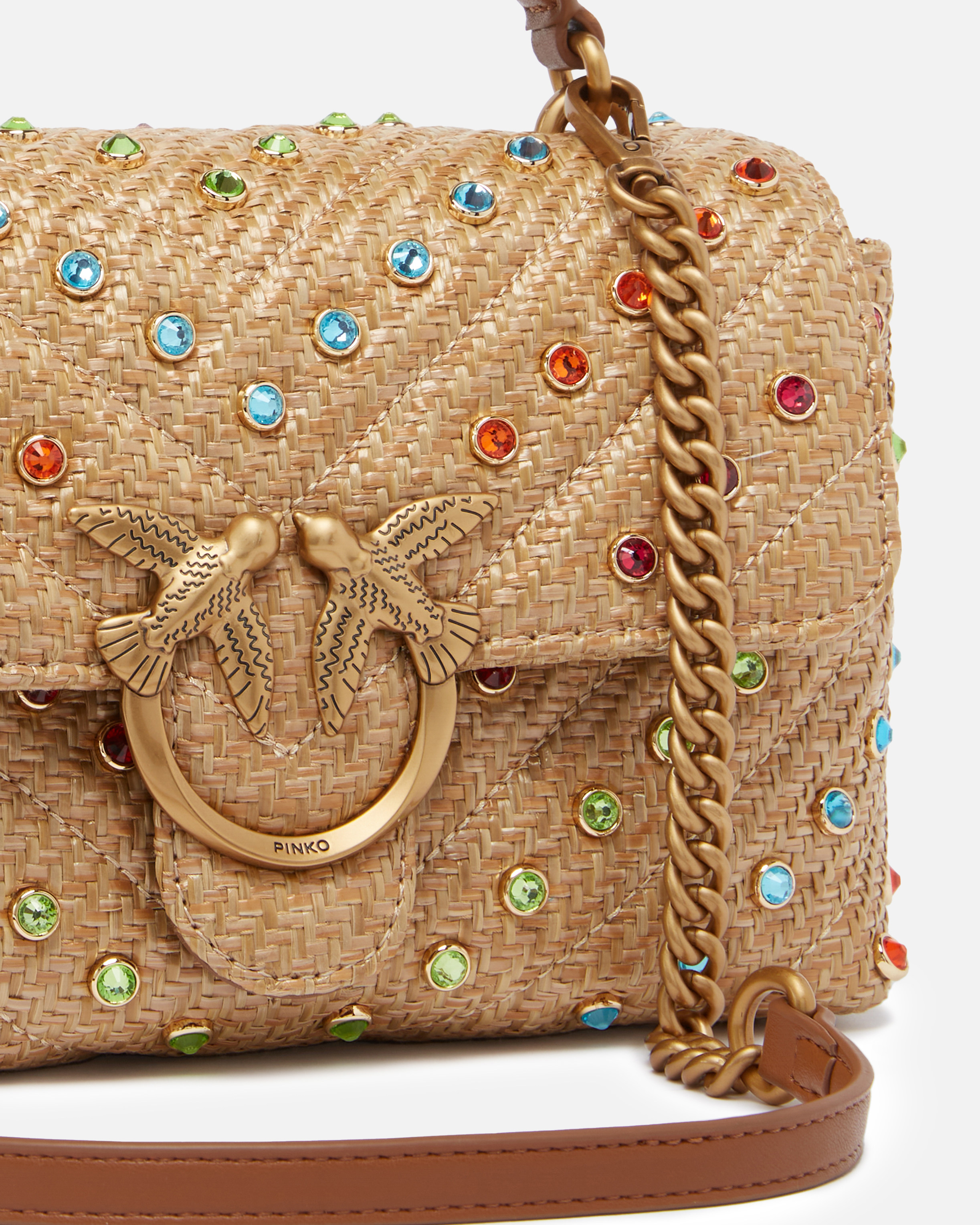 Pinko Lady Love Bag Puff Small Handbag In Raffia Colored Crystals