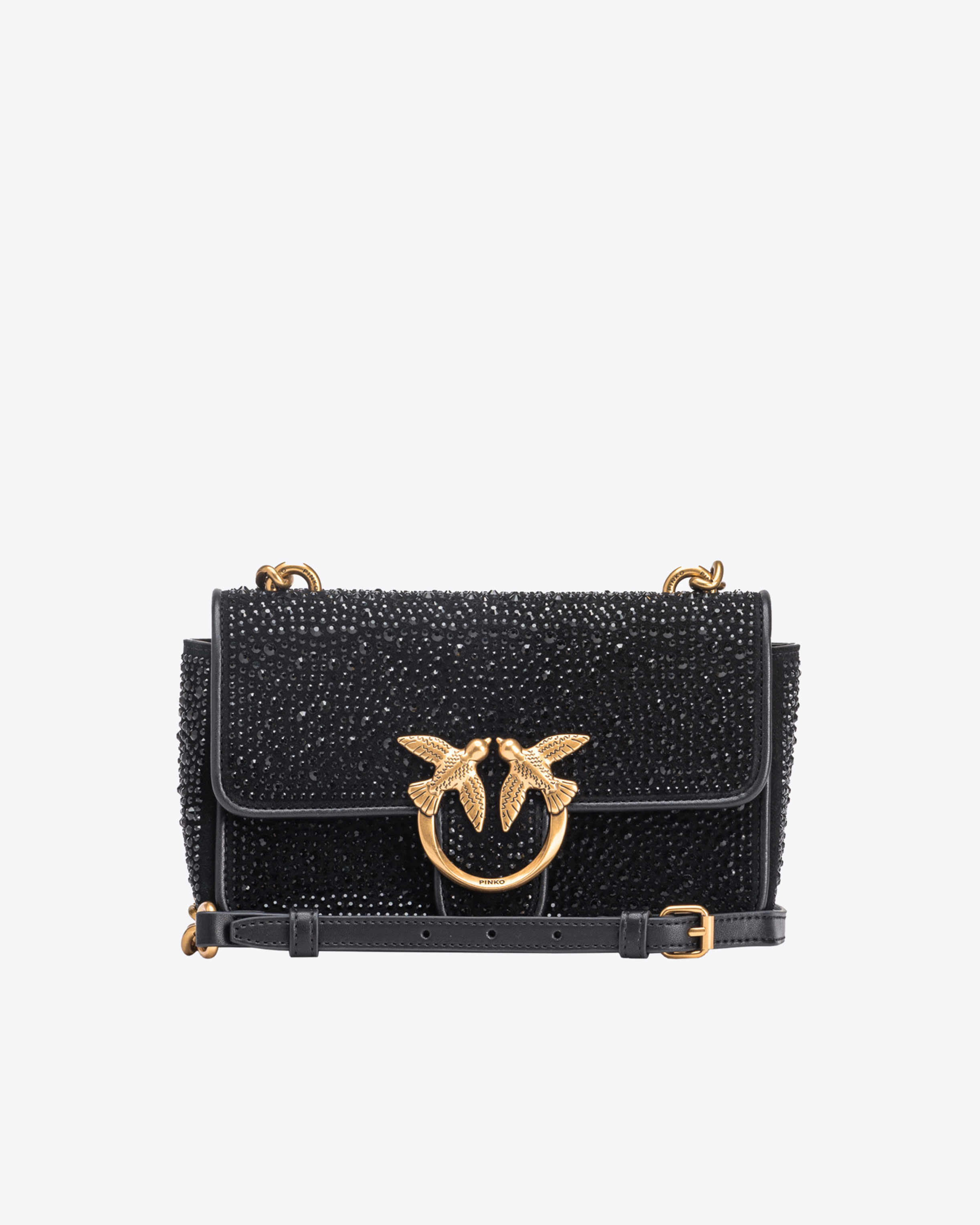 Pinko Fully Rhinestoned Mini Love Bag One In Suede In Black-antique Gold