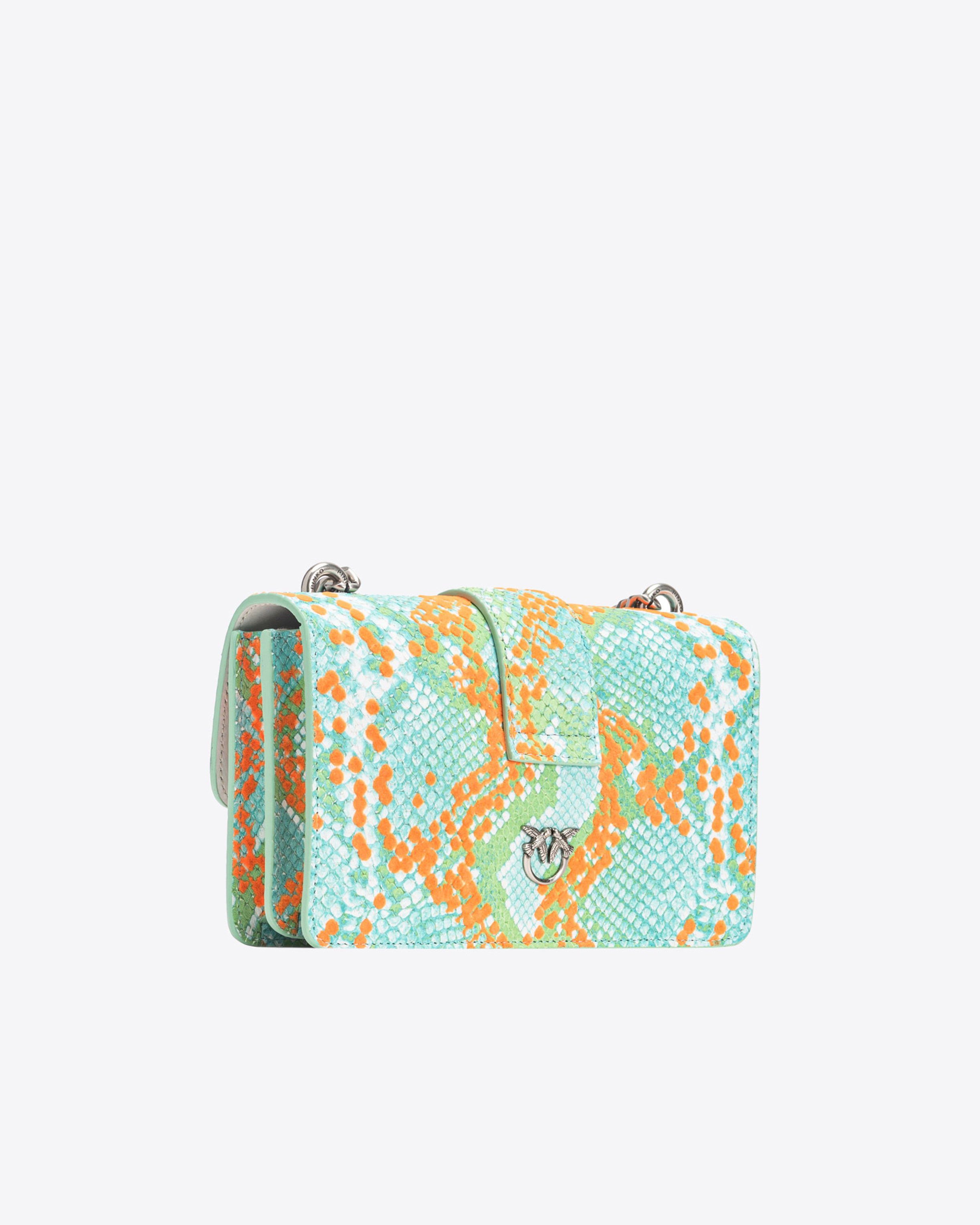 Shop Pinko Galleria Mini Love Bag One In Python-print Leather With Flock Detail In Mult.verde/arancione-old Silver