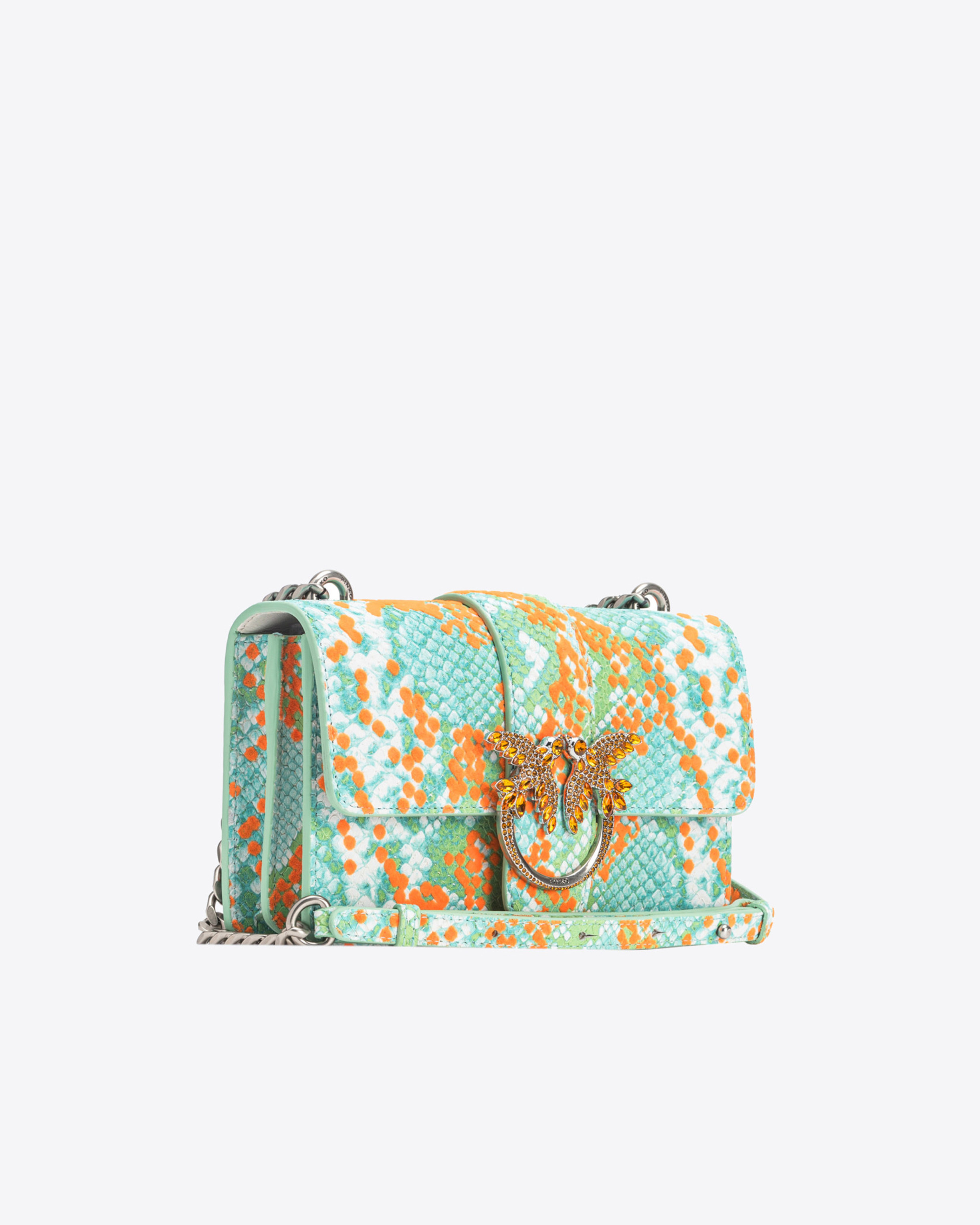 Shop Pinko Galleria Mini Love Bag One In Python-print Leather With Flock Detail In Mult.verde/arancione-old Silver