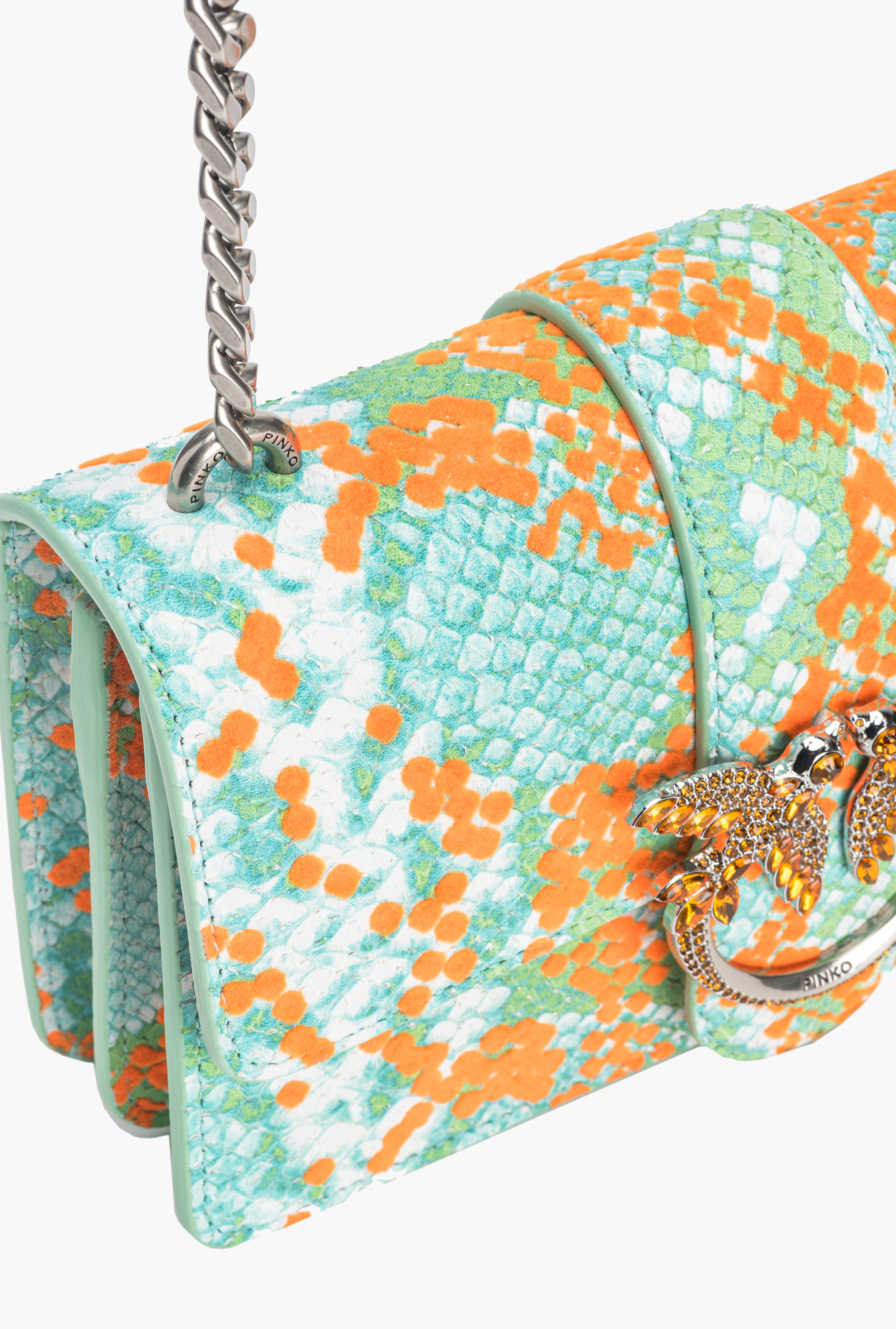 Shop Pinko Galleria Mini Love Bag One In Python-print Leather With Flock Detail In Mult.verde/arancione-old Silver