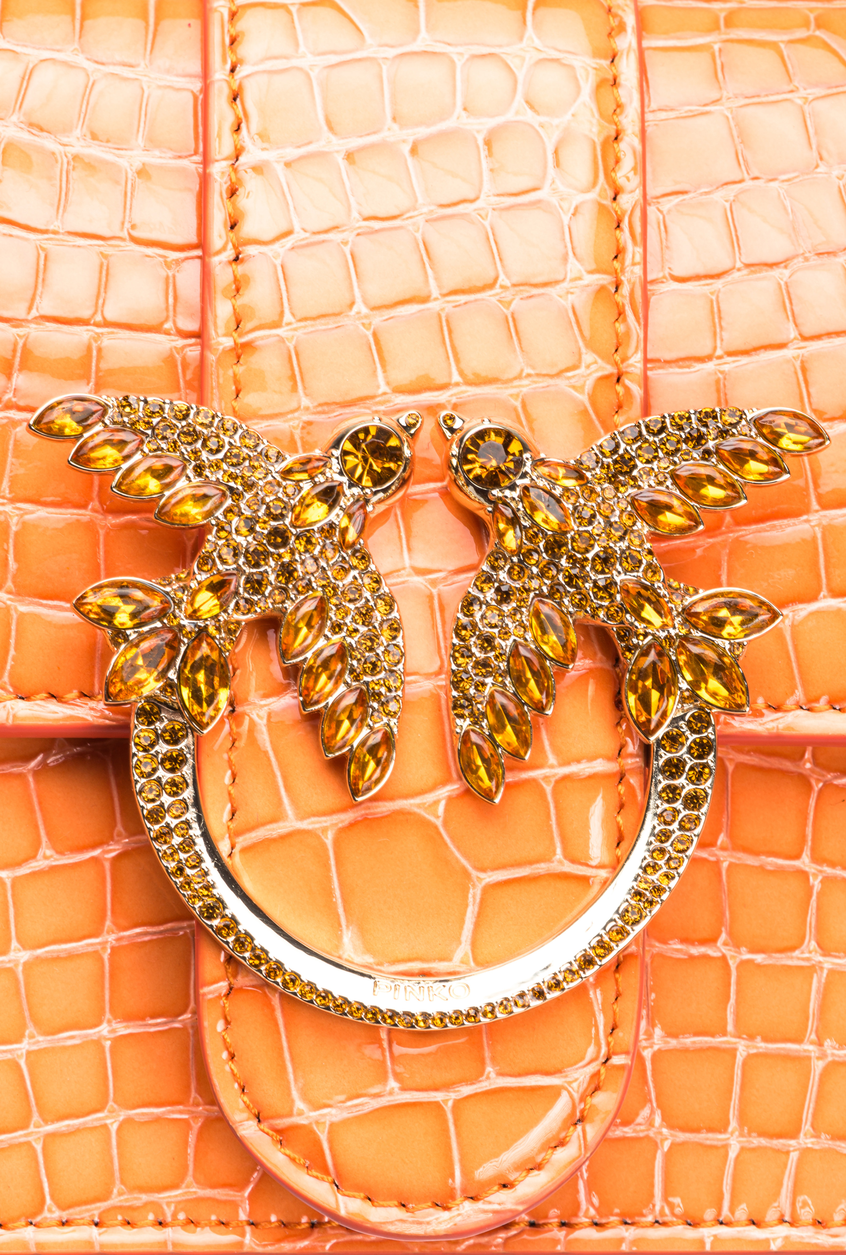 Pinko Galleria Mini Love Bag One In Shiny Coloured Crocodile-print Leather In Arancione-light Gold