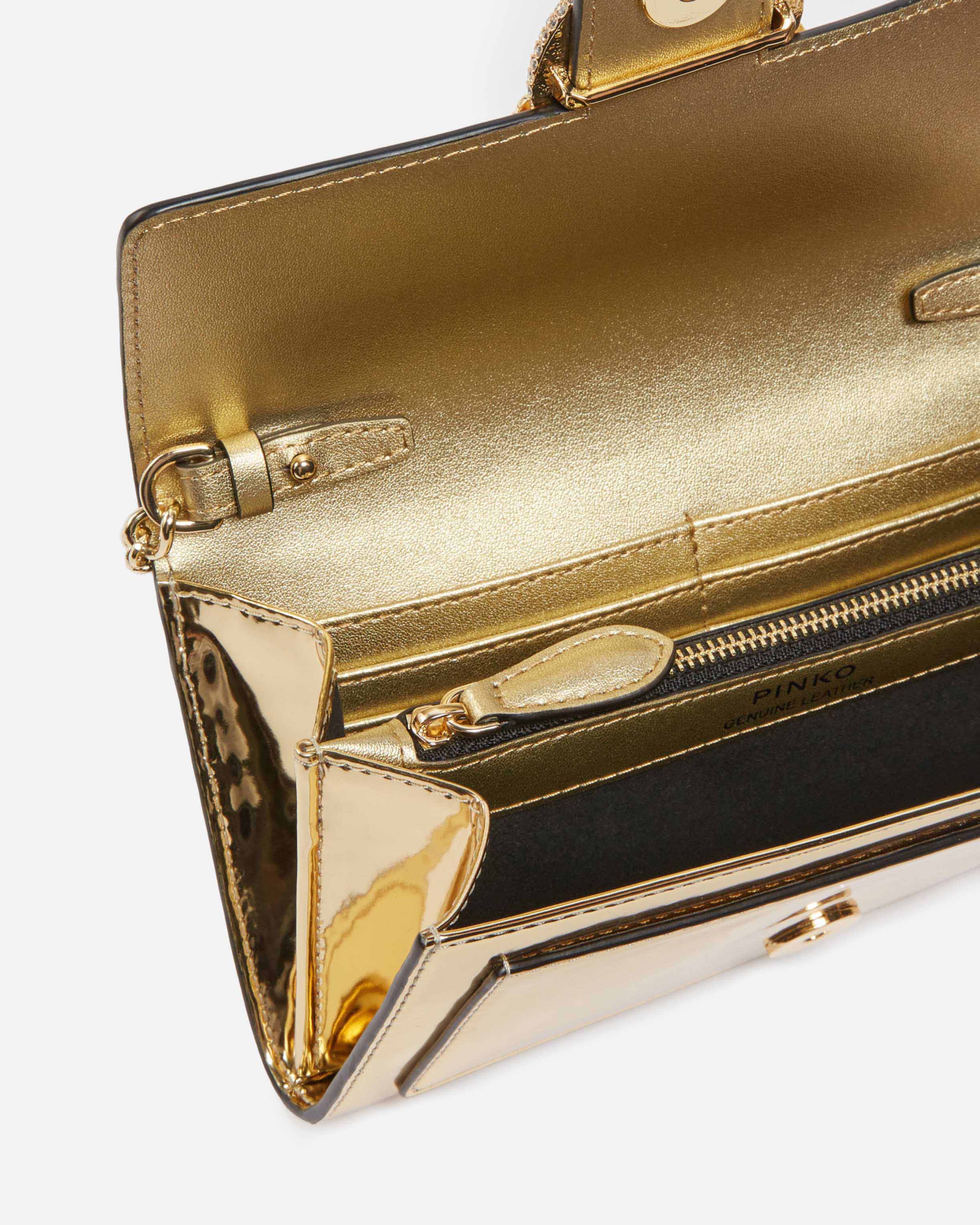 Pinko Love Bag Mirrored Wallet With Shoulder Strap In Or-or Brillant