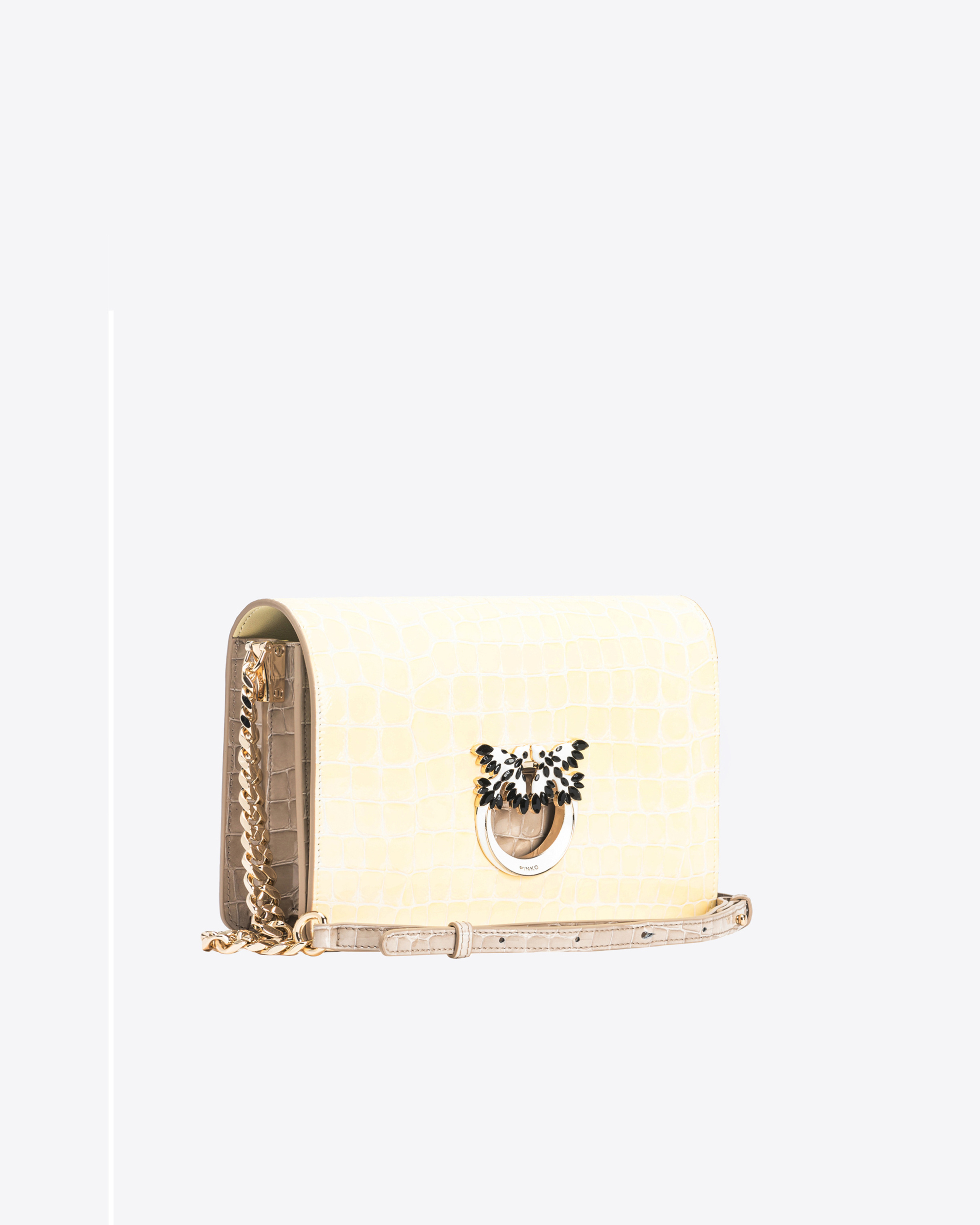 Pinko Galleria Classic Love Bag Click In Shiny Two-tone Crocodile-print Leather In Hay-light Gold