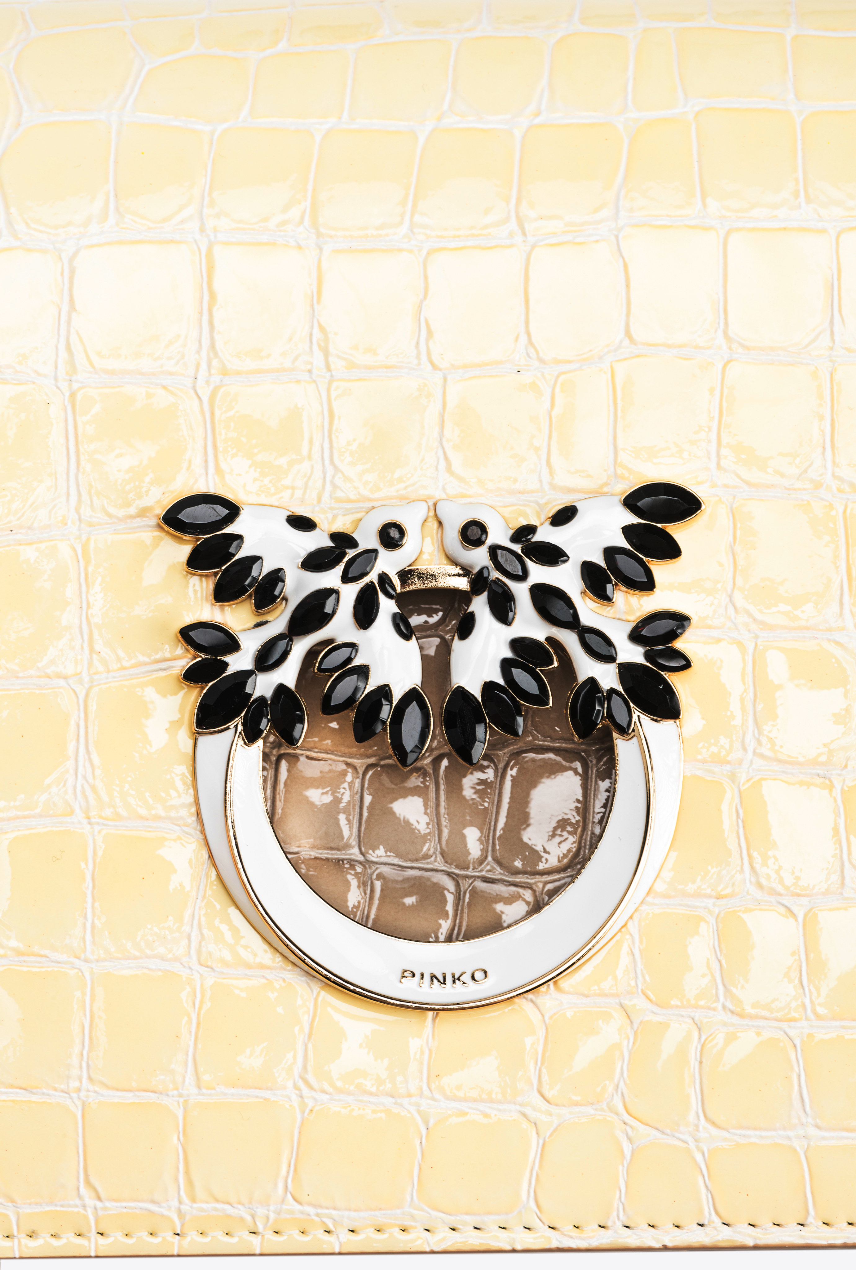 Pinko Galleria Classic Love Bag Click In Shiny Two-tone Crocodile-print Leather In Hay-light Gold