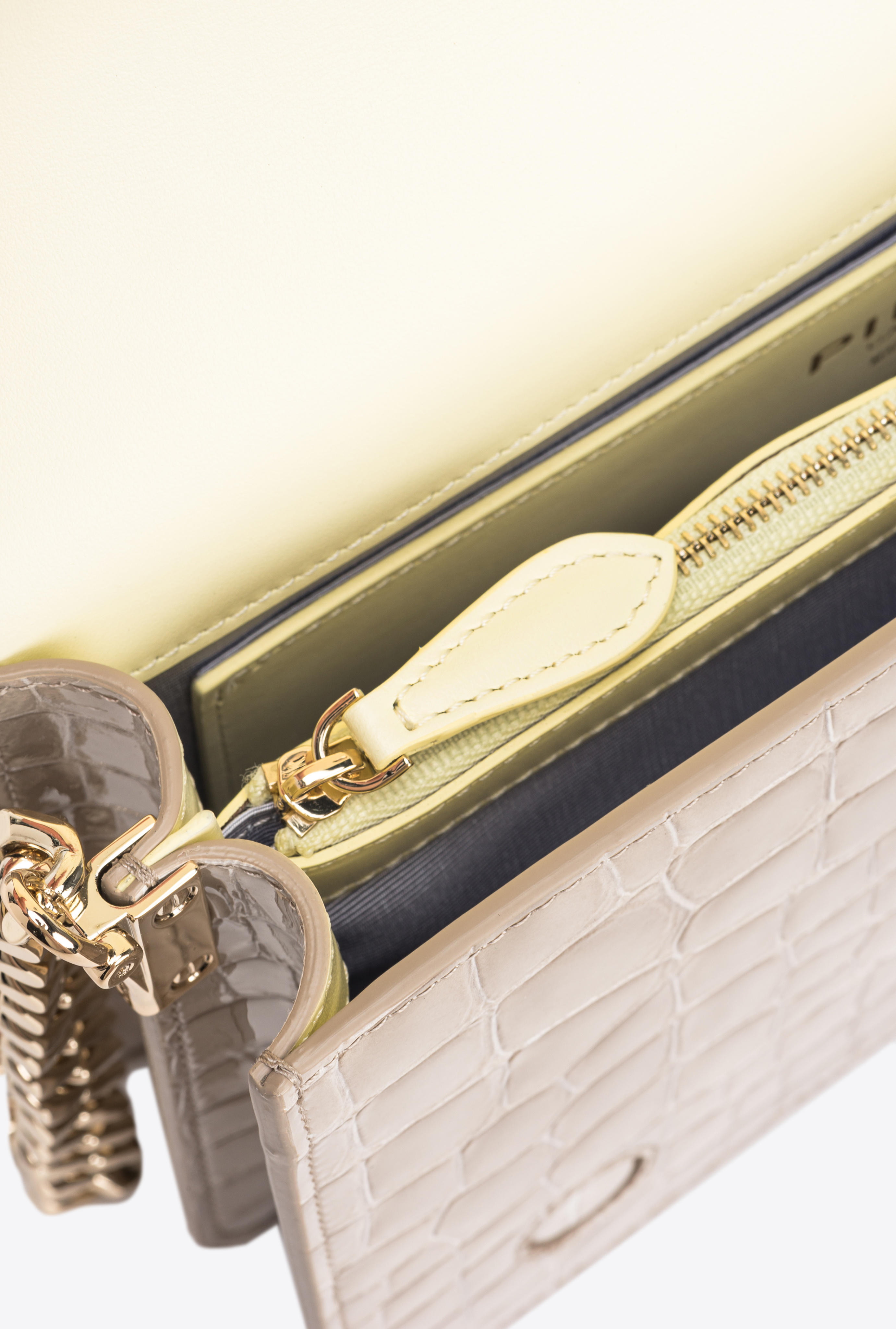 Pinko Galleria Classic Love Bag Click In Shiny Two-tone Crocodile-print Leather In Hay-light Gold