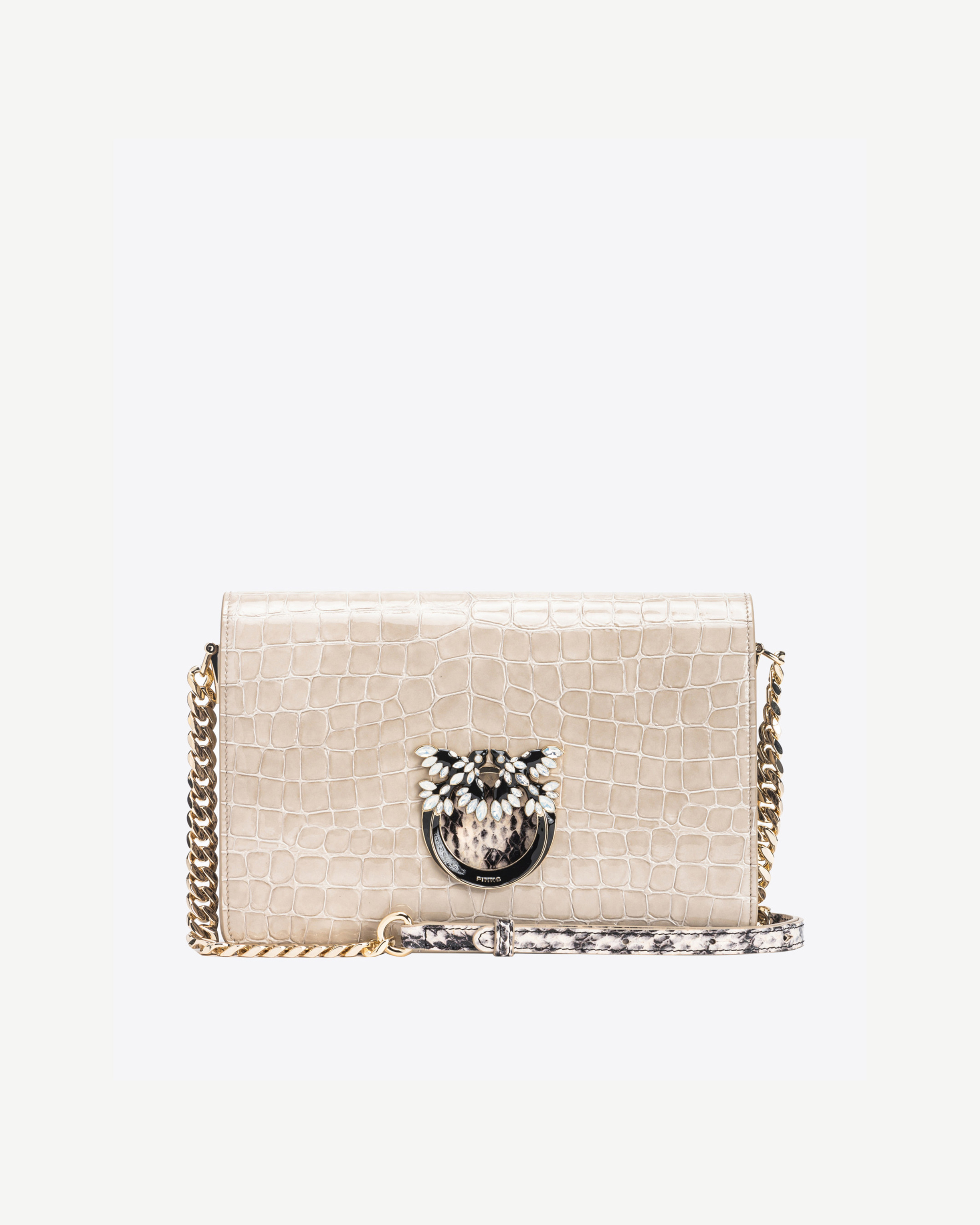 Shop Pinko Galleria Classic Love Bag Click In Crocodile- And Reptile-print Leather In Sand-light Gold