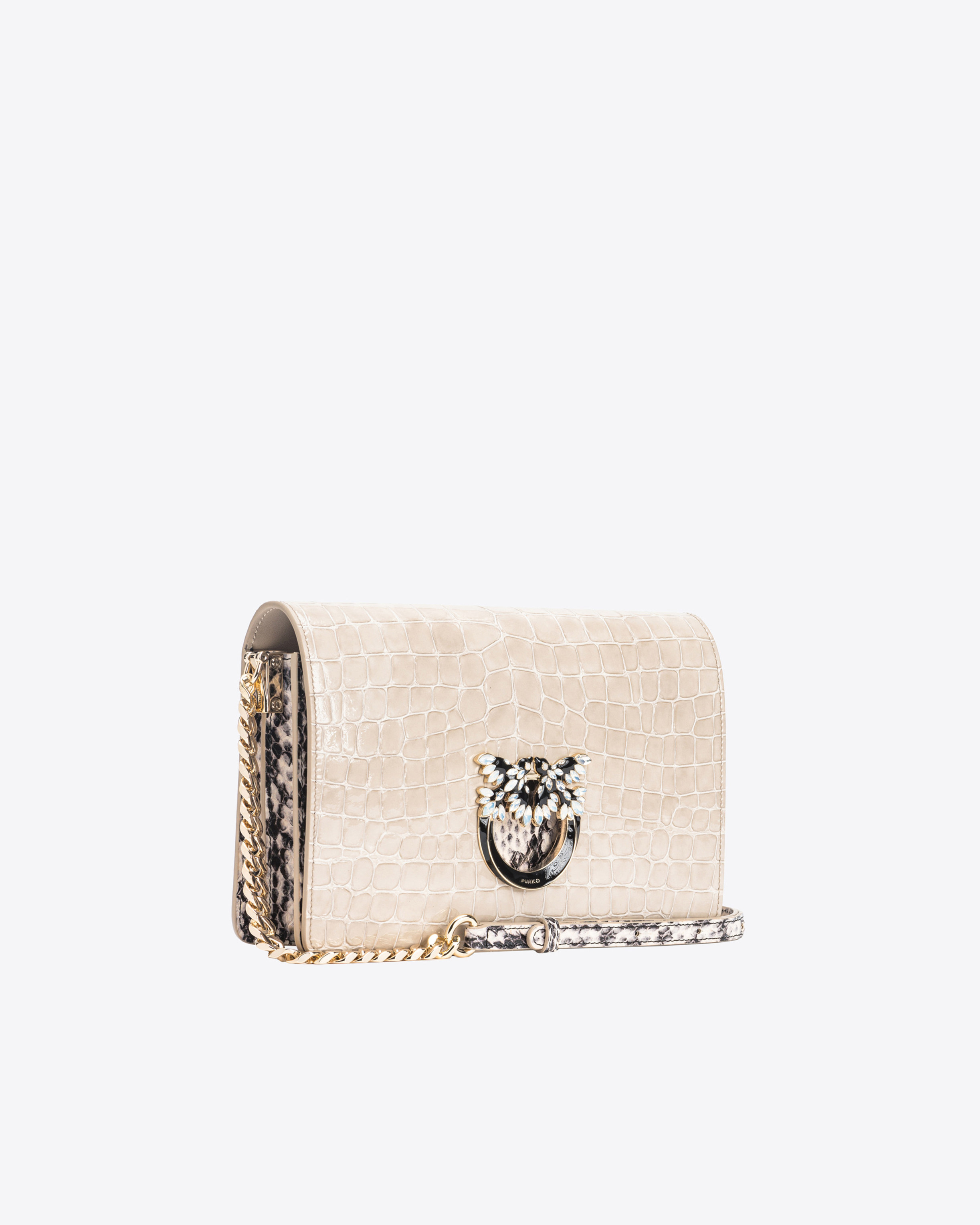 Shop Pinko Galleria Classic Love Bag Click In Crocodile- And Reptile-print Leather In Sand-light Gold