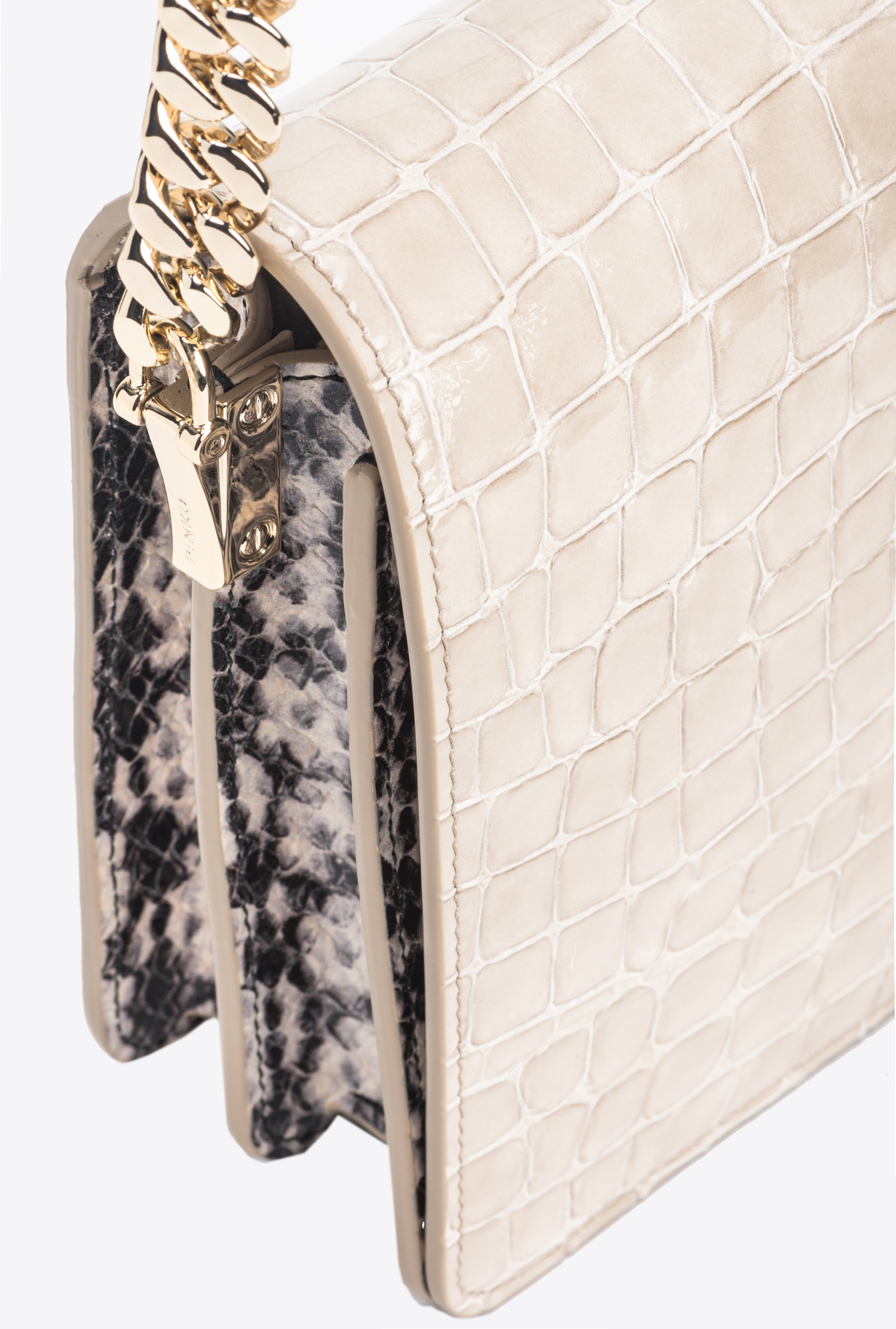 Shop Pinko Galleria Classic Love Bag Click In Crocodile- And Reptile-print Leather In Sand-light Gold