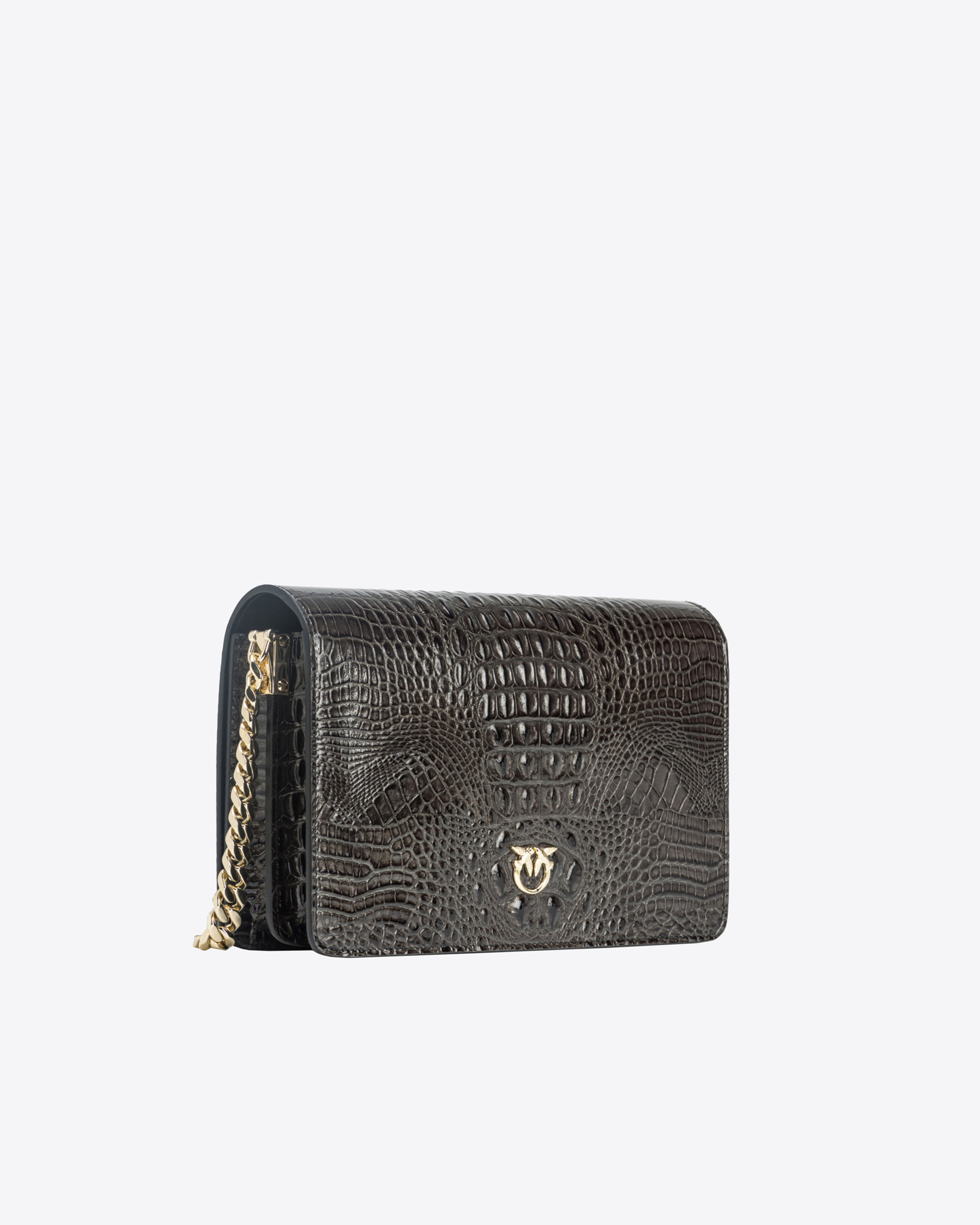Pinko Galleria Classic Love Bag Click In Shiny Crocodile-print Leather In Black-light Gold