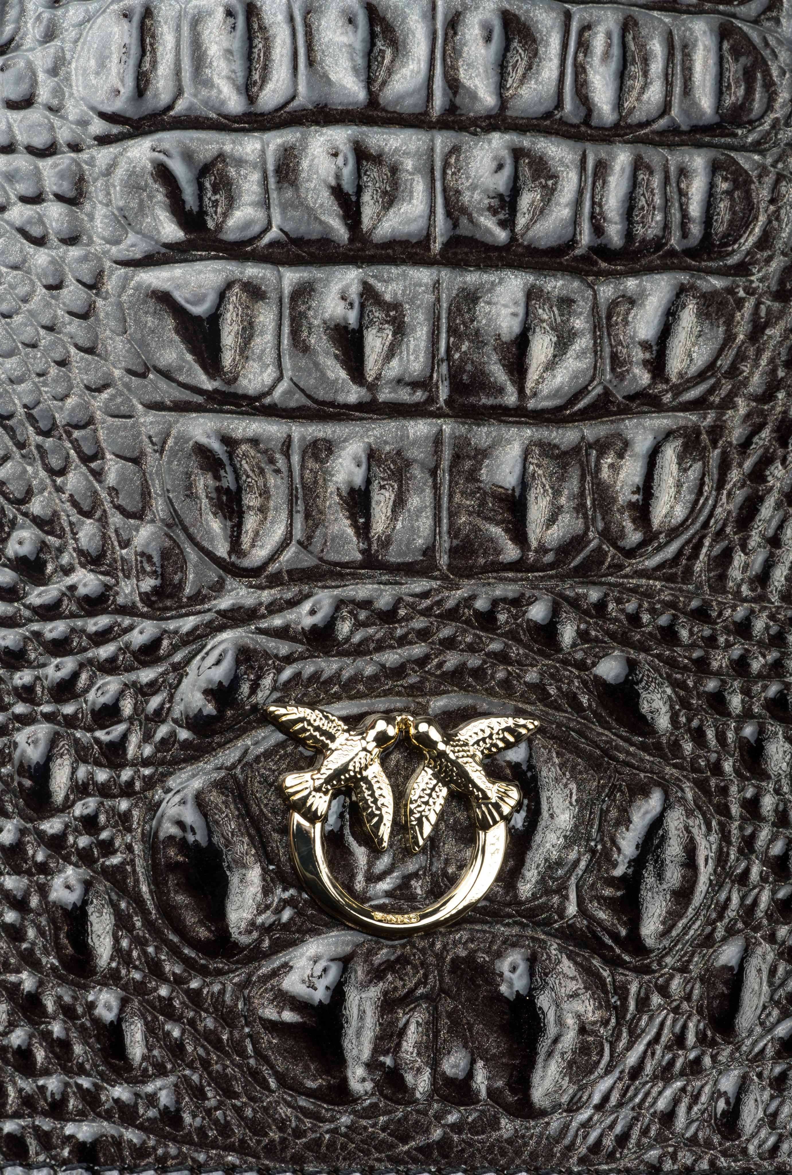 Pinko Galleria Classic Love Bag Click In Shiny Crocodile-print Leather In Black-light Gold