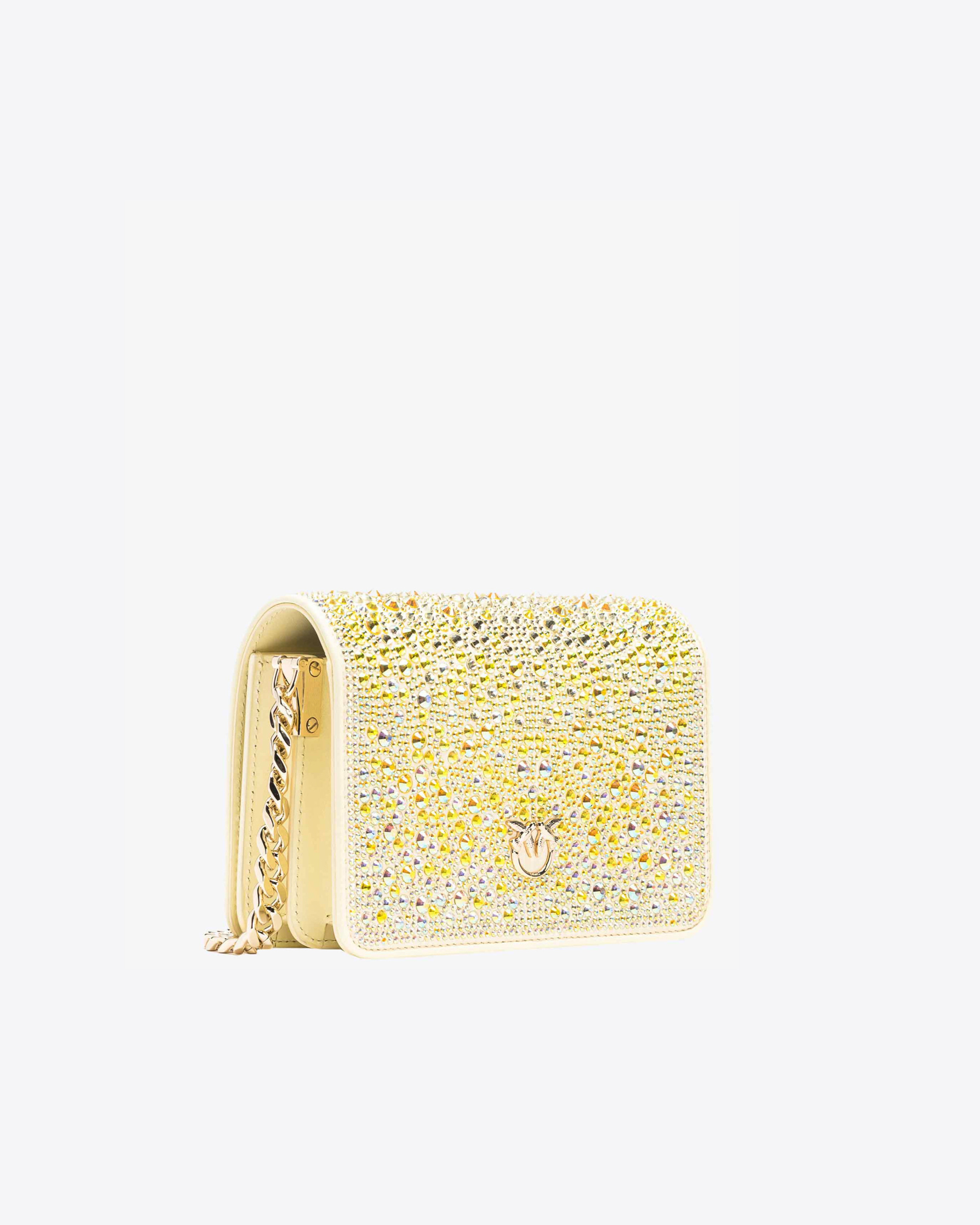 Pinko Galleria Full-rhinestone Mini Love Bag Click In Beige Safari-or Clair