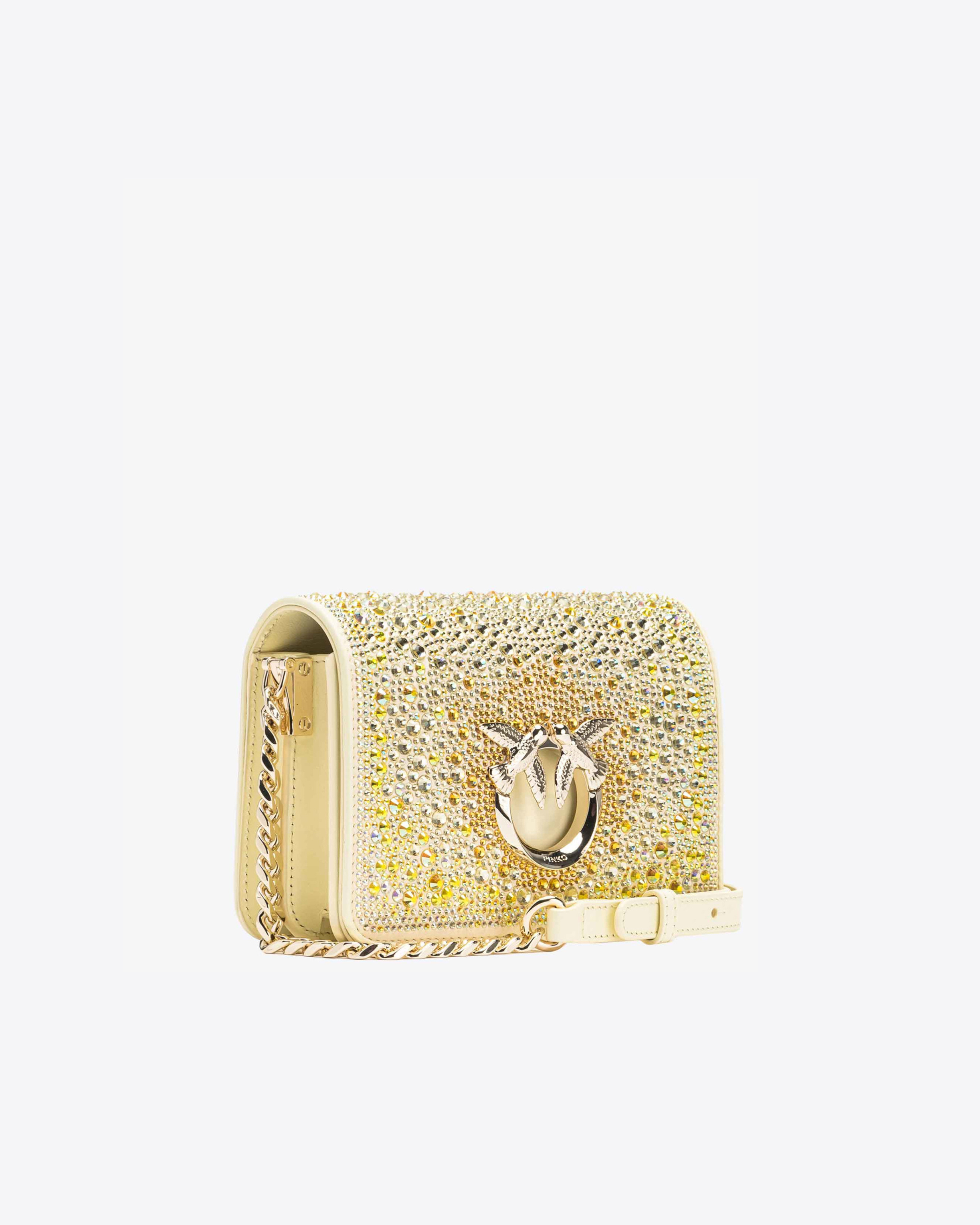 Pinko Galleria Full-rhinestone Mini Love Bag Click In Beige Safari-or Clair