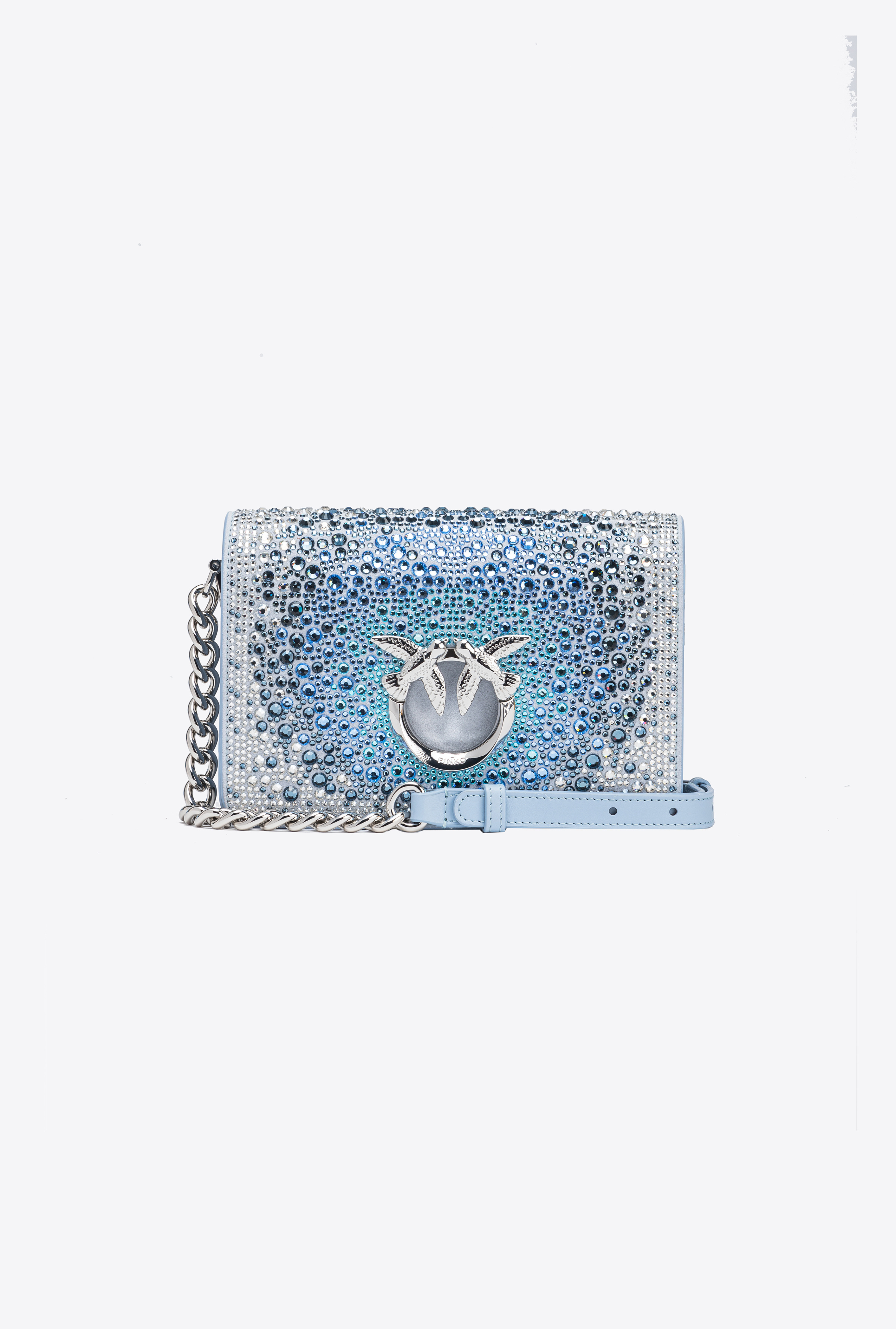 Pinko Galleria Full-rhinestone Mini Love Bag Click In Bleu Éther-nickel Brillant