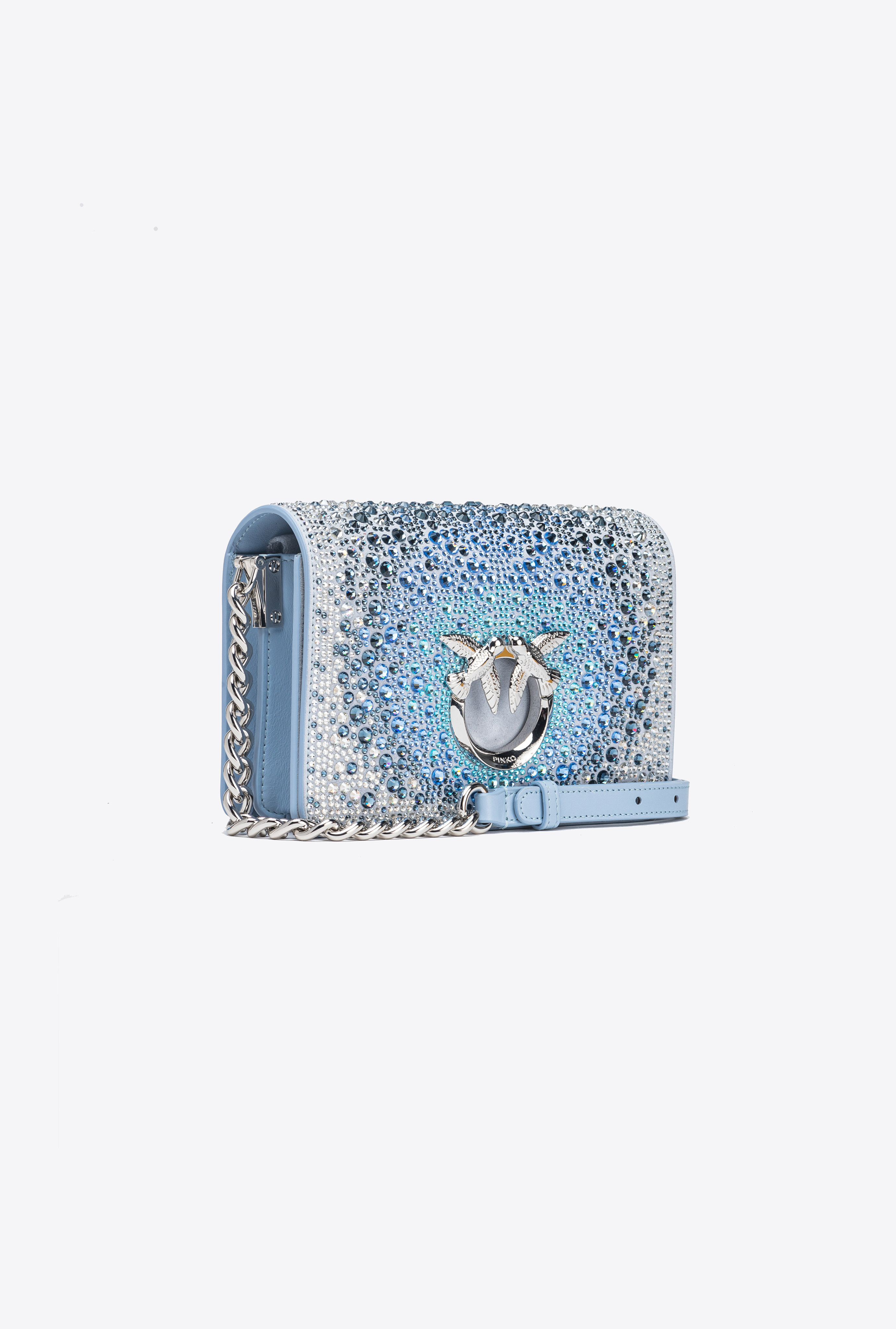 Pinko Galleria Full-rhinestone Mini Love Bag Click In Bleu Éther-nickel Brillant