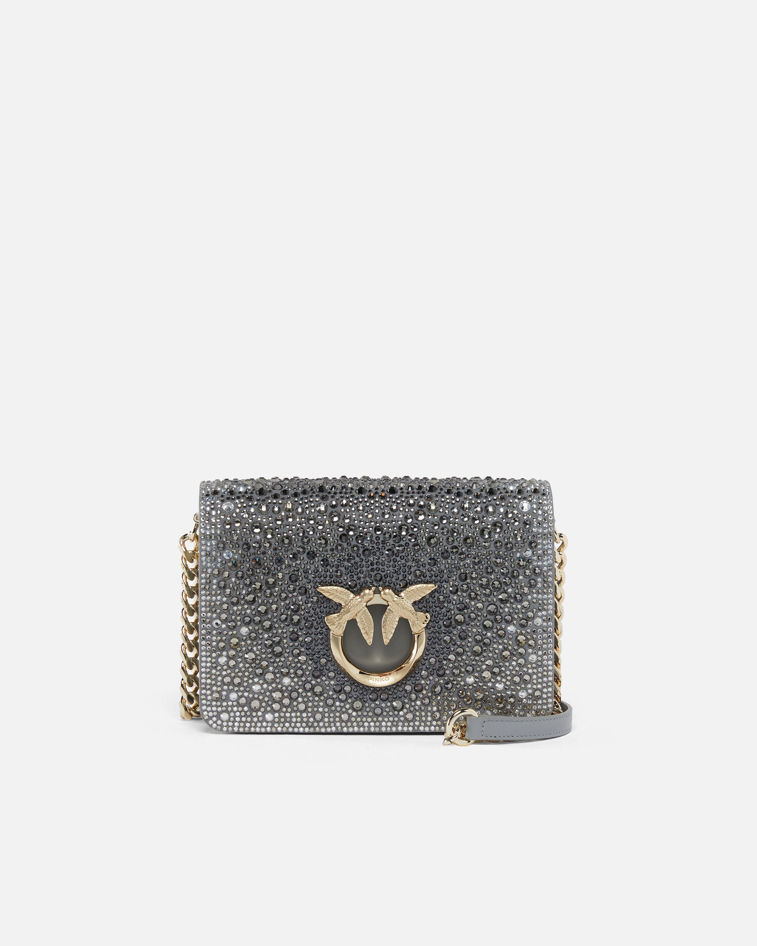 Pinko Galleria Full-rhinestone Mini Love Bag Click In Penguin Grey-light Gold